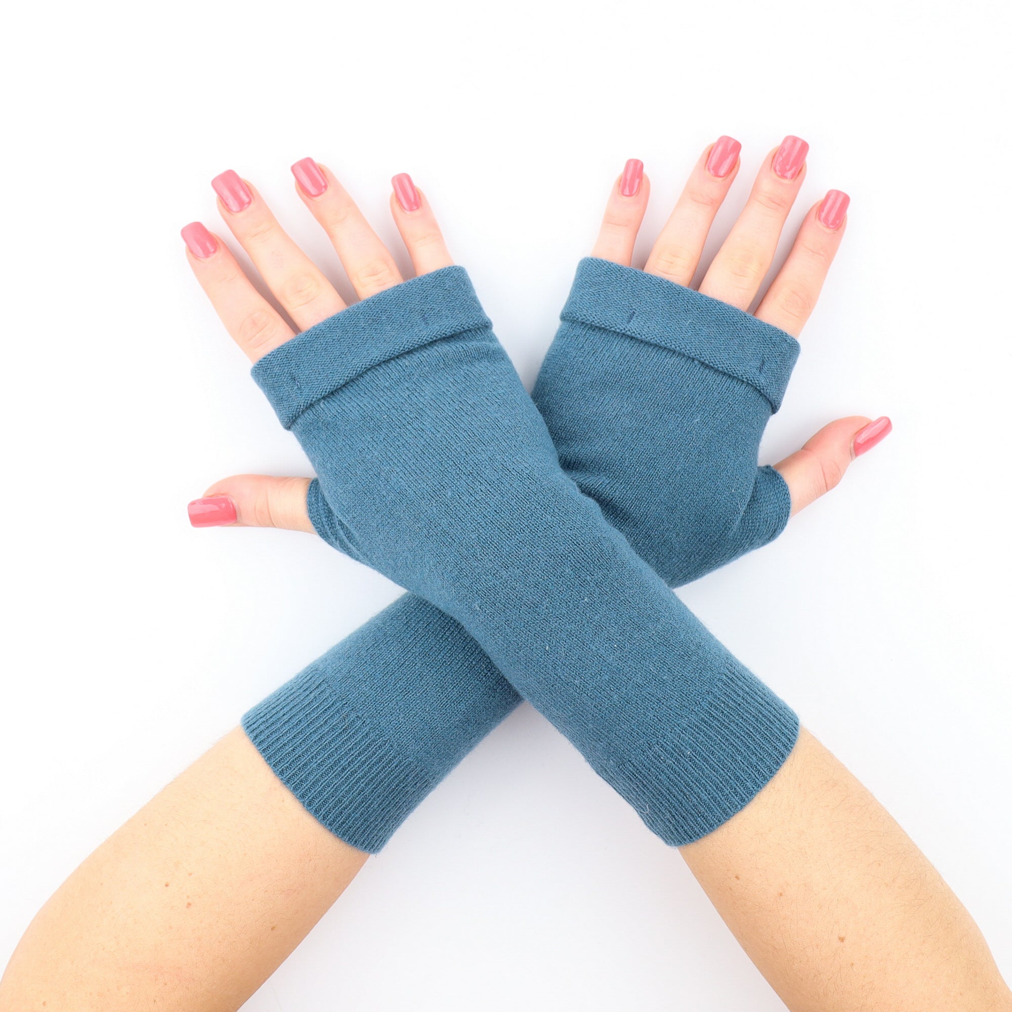 Deep Aqua Blue Cashmere Fingerless Gloves