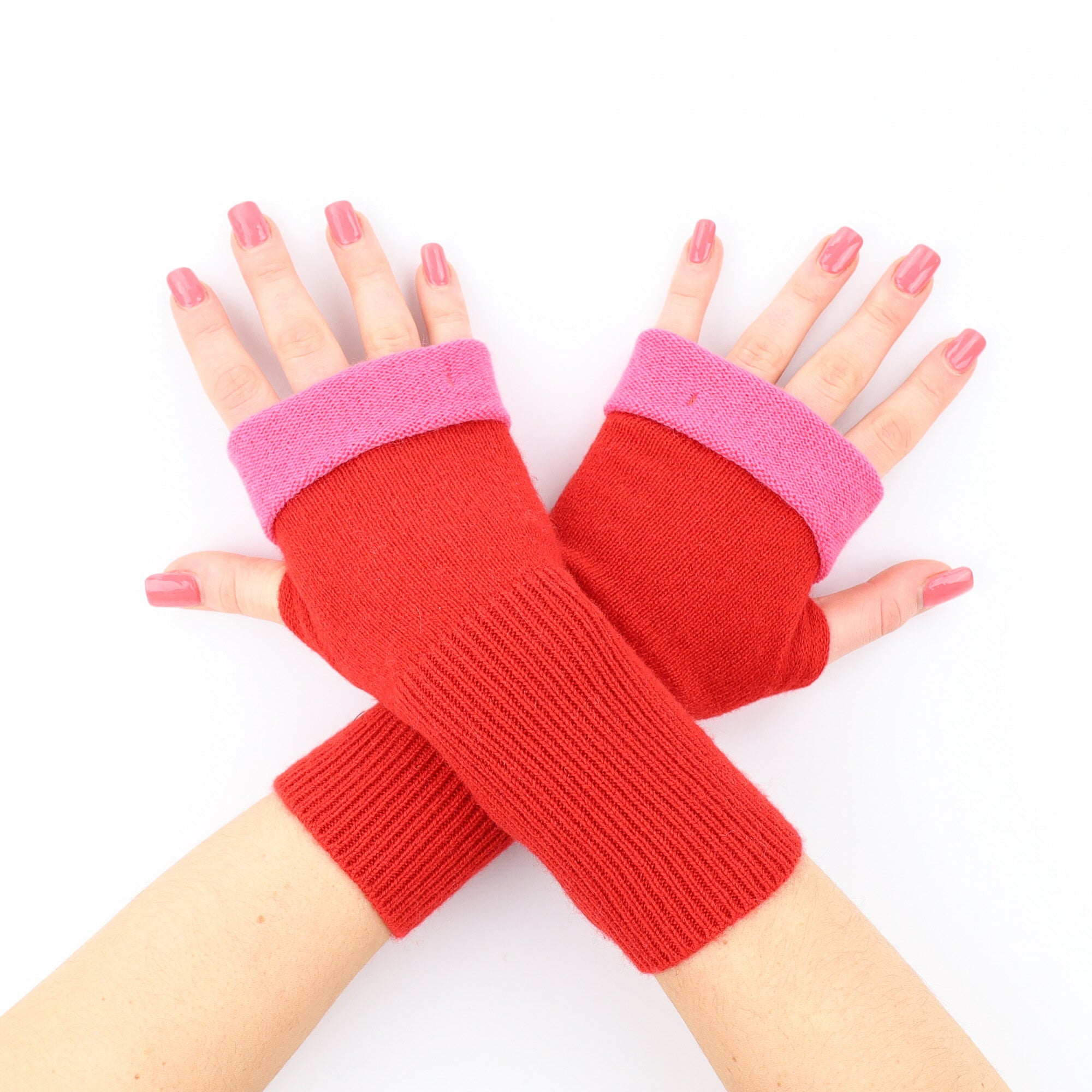 Cherry Red and Fuchsia Pink Contrast Fingerless Gloves