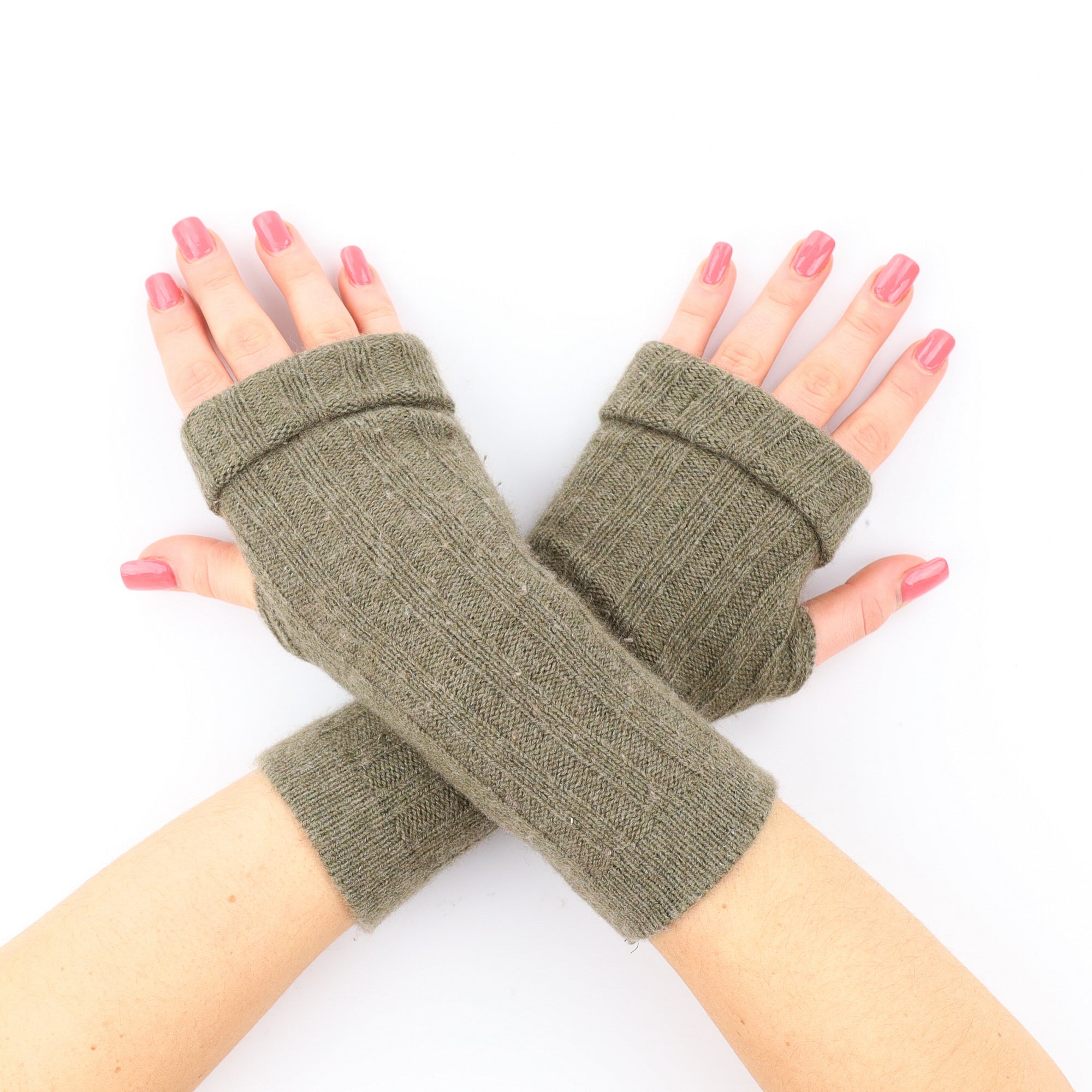 Khaki Green Ribbed Fingerless Gloves
