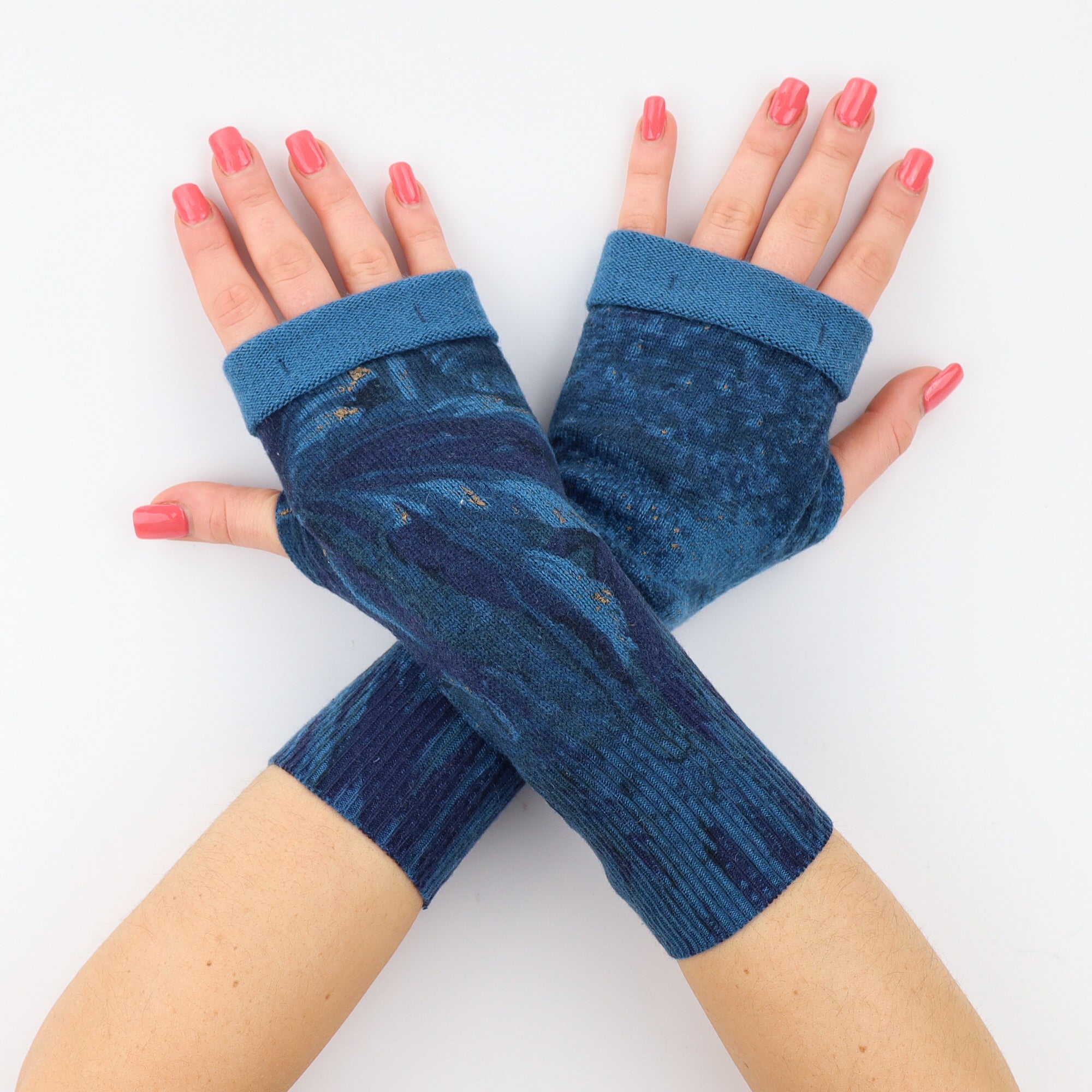 Deep Sea Blue with Gold Detail Fingerless Gloves