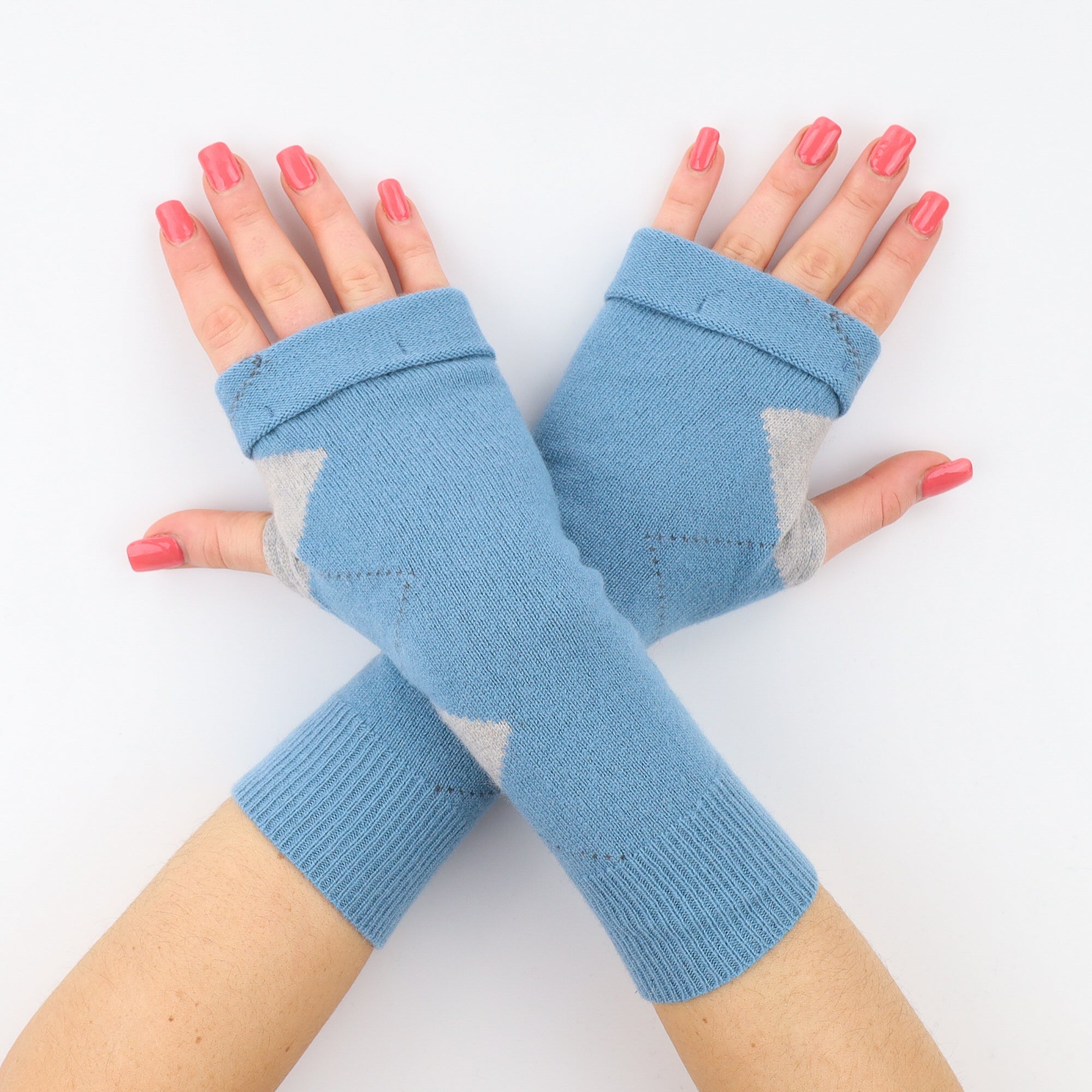 Blue and Mist Grey Diamond Fingerless Gloves