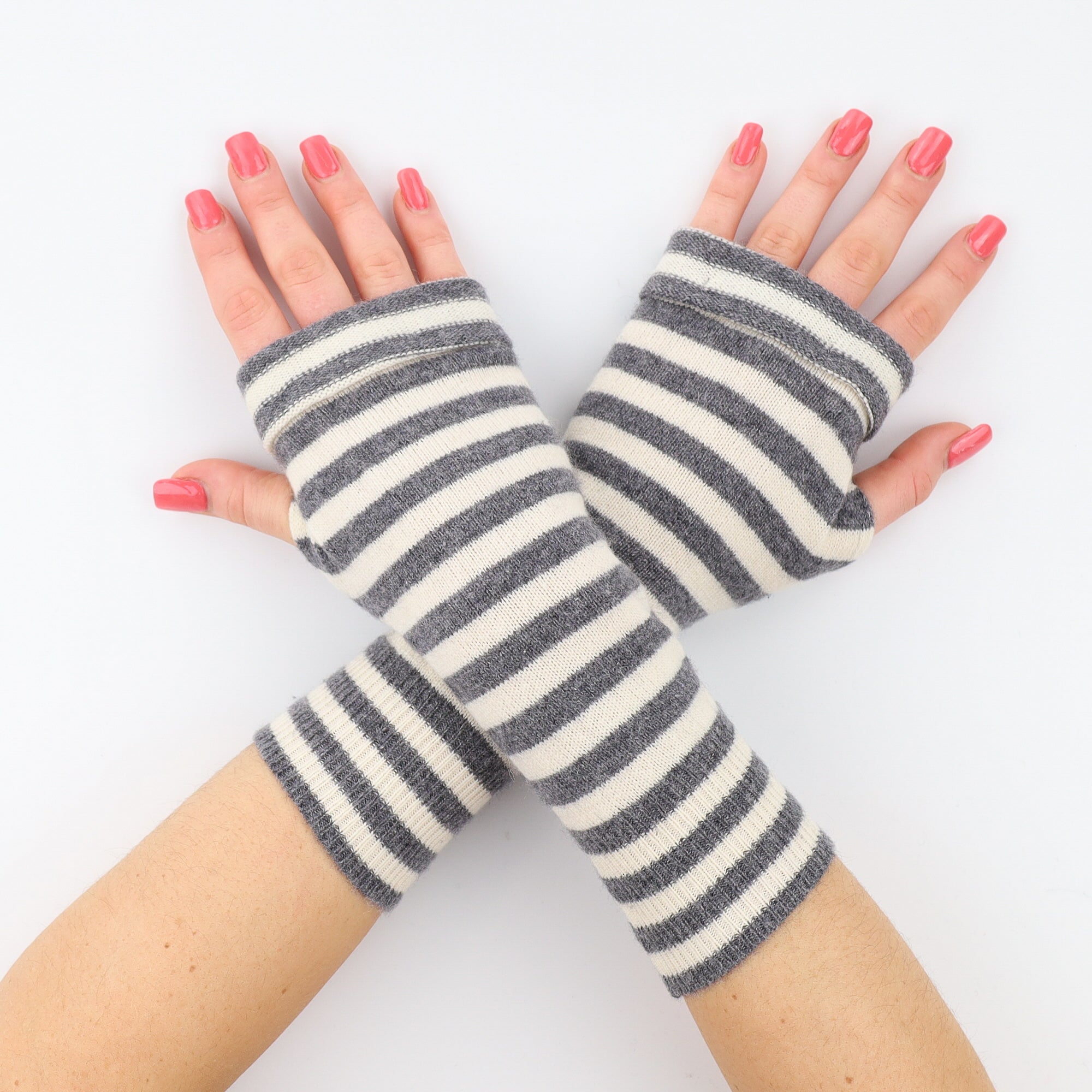 Ash Grey and Cream Striped Fingerless Gloves