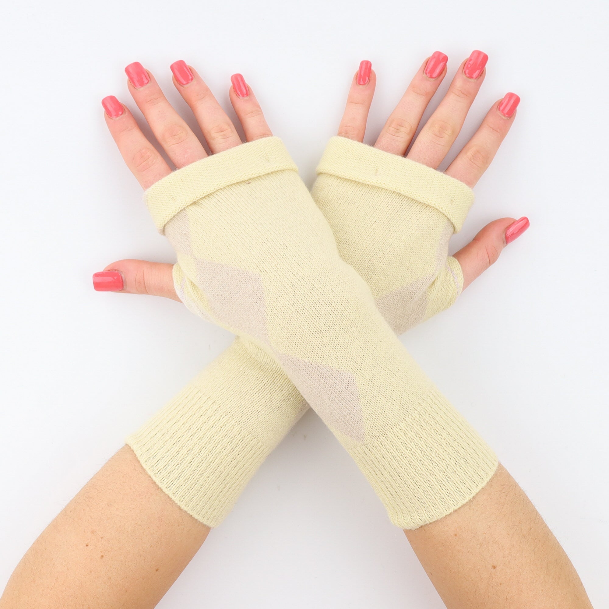 Pale Yellow and Oatmeal Diamond Fingerless Gloves