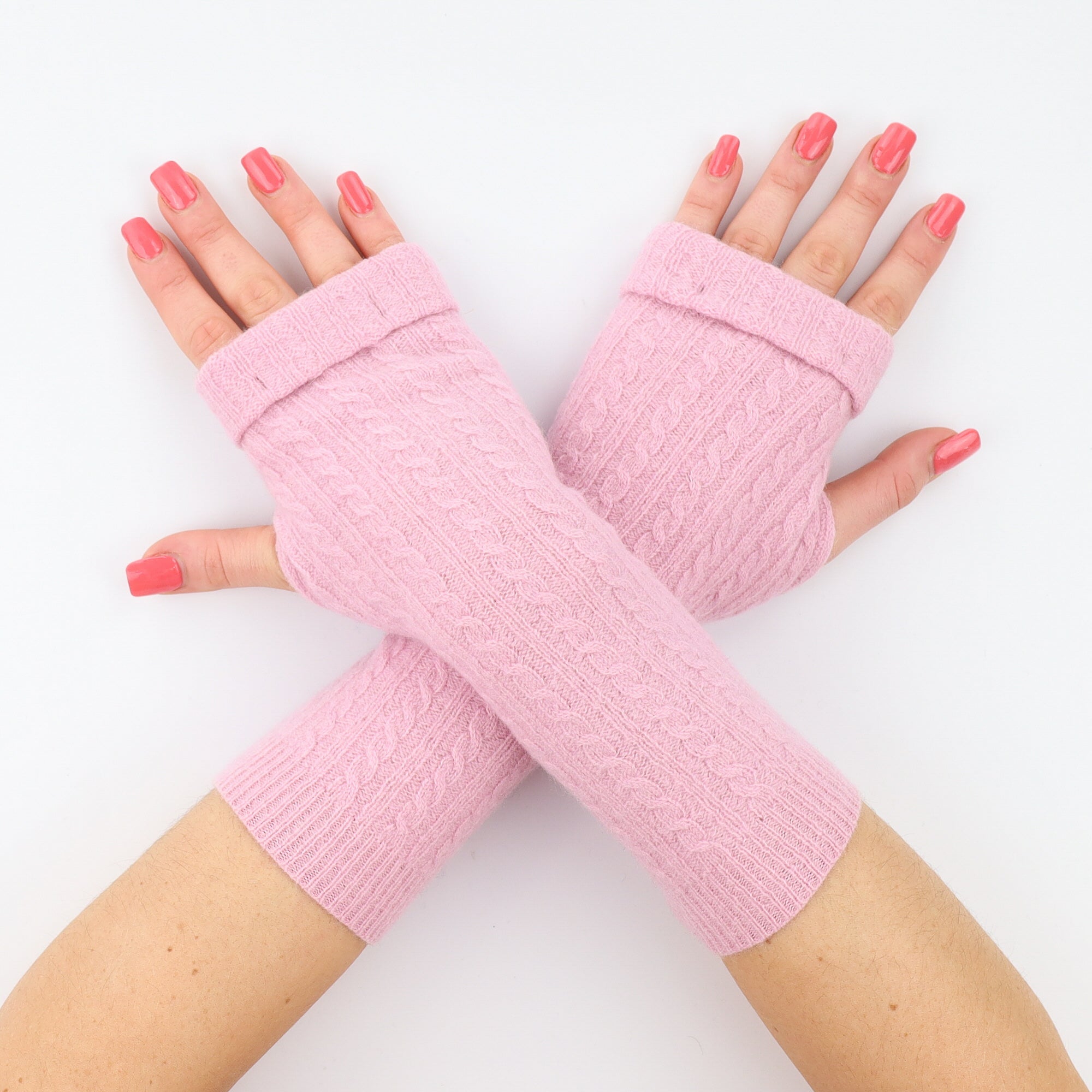 Soft Pink Cable Knit Fingerless Gloves