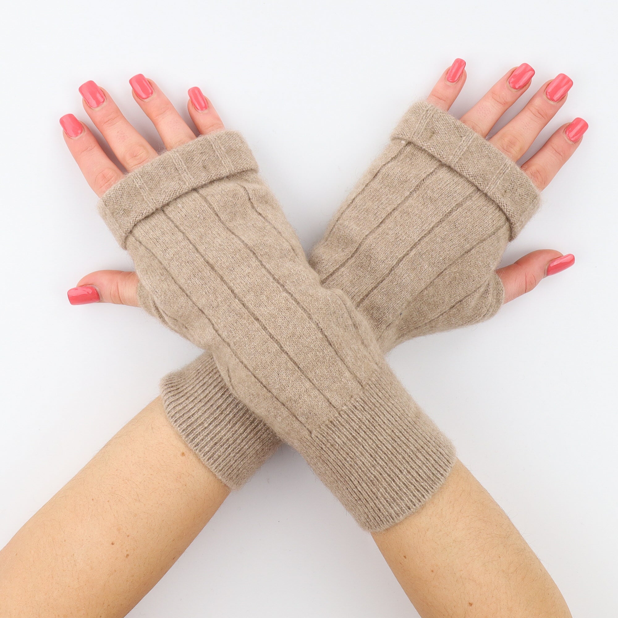 Warm Taupe with Ribbed Detail Fingerless Gloves