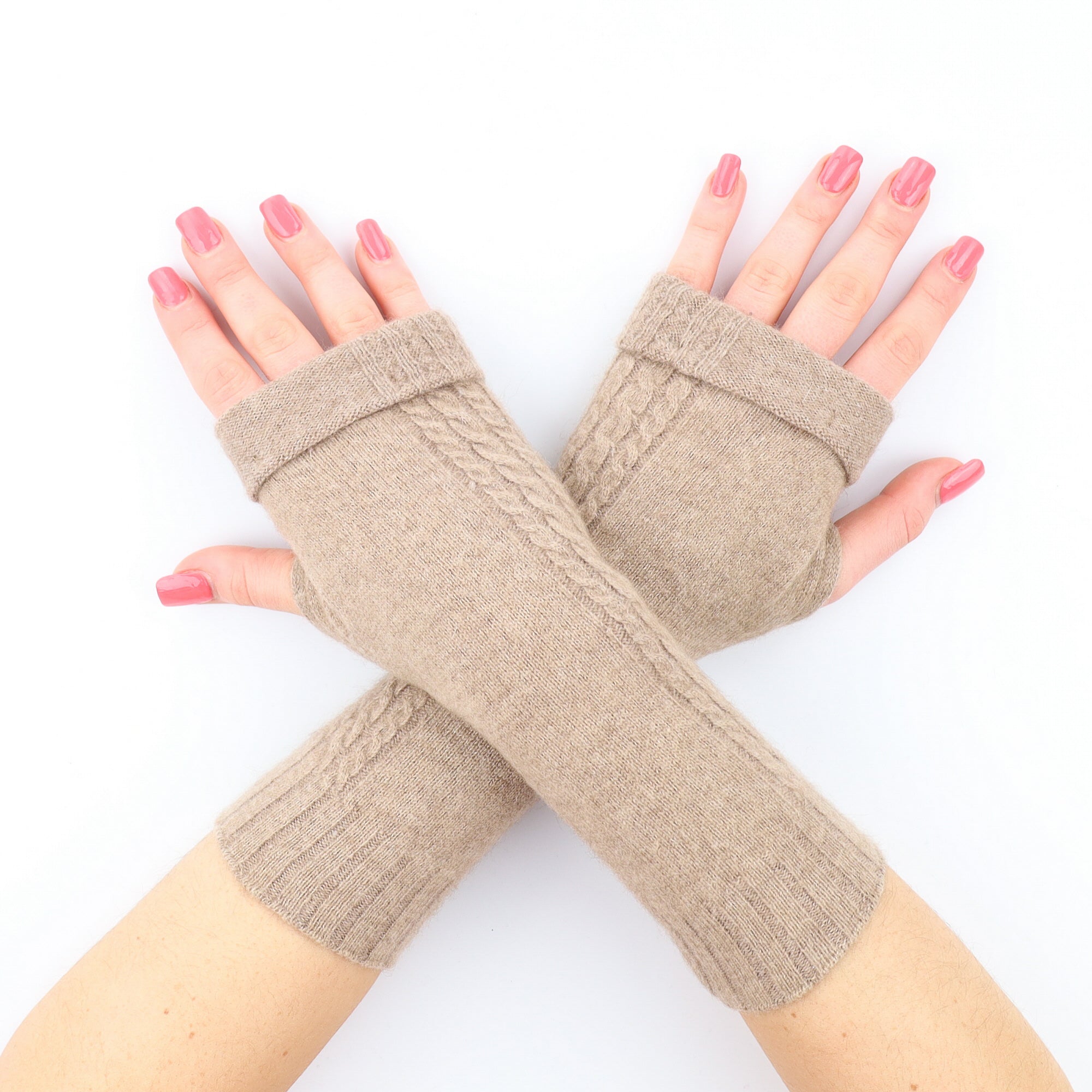 Taupe Brown Cable Knit Fingerless Gloves