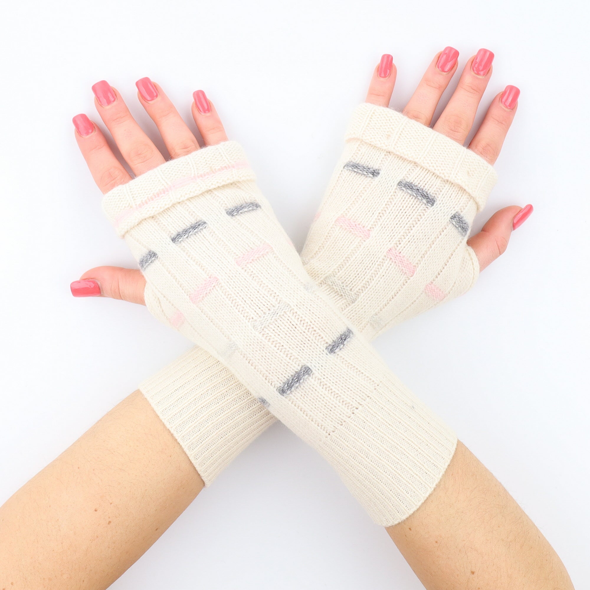 Cream with Ash Grey and Pale Pink Detail Fingerless Gloves