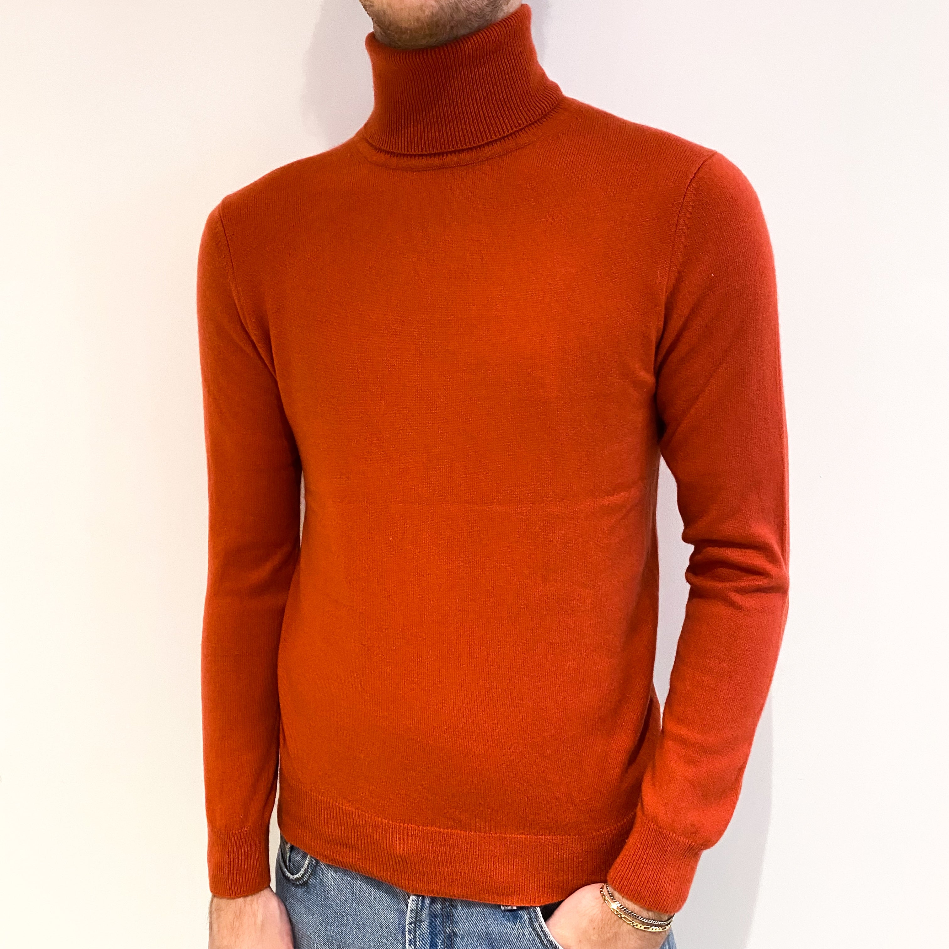 Men's Tomato Red Cashmere Polo Neck Jumper Medium