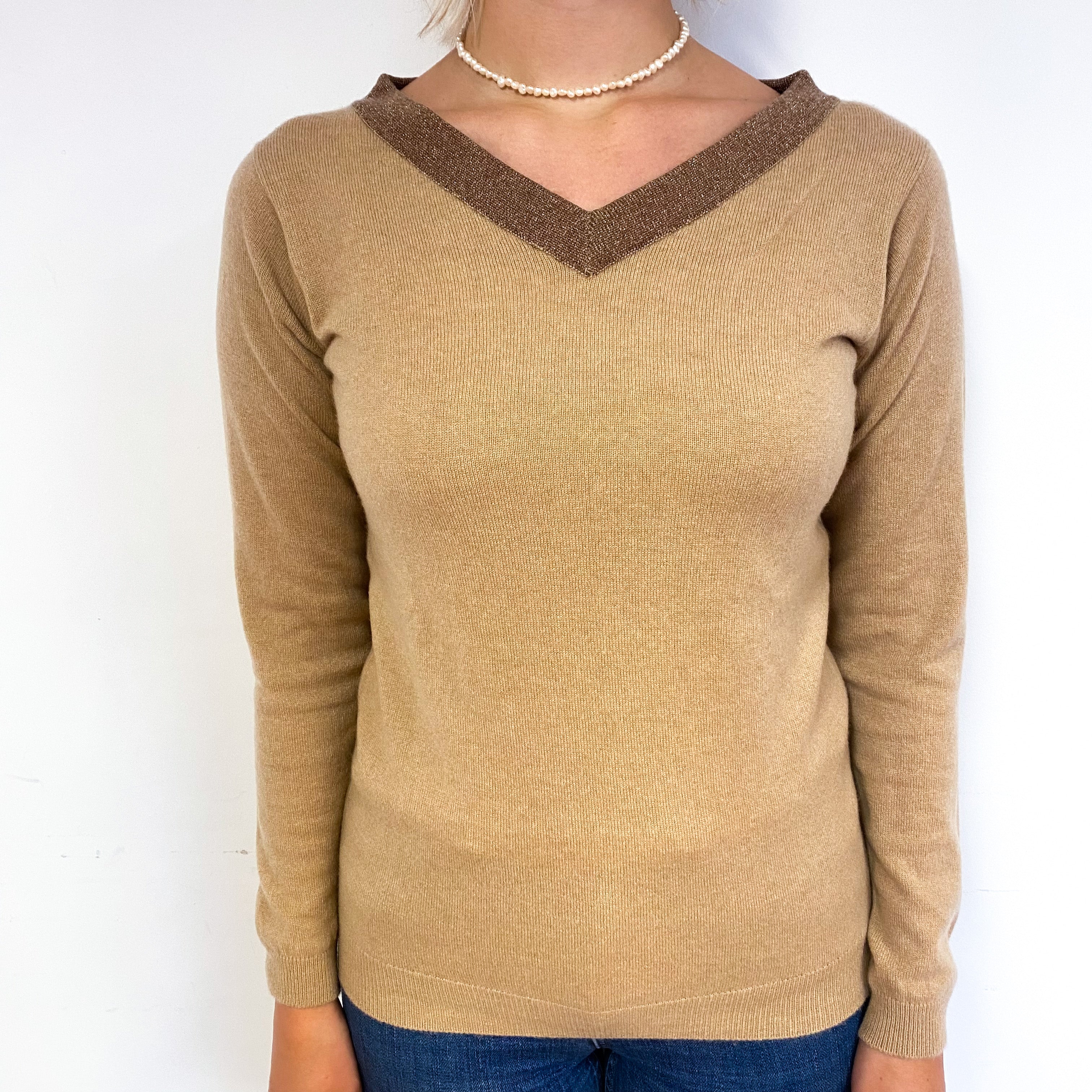 New Scottish Camel Brown Cashmere Sparkly V-Neck Jumper Small