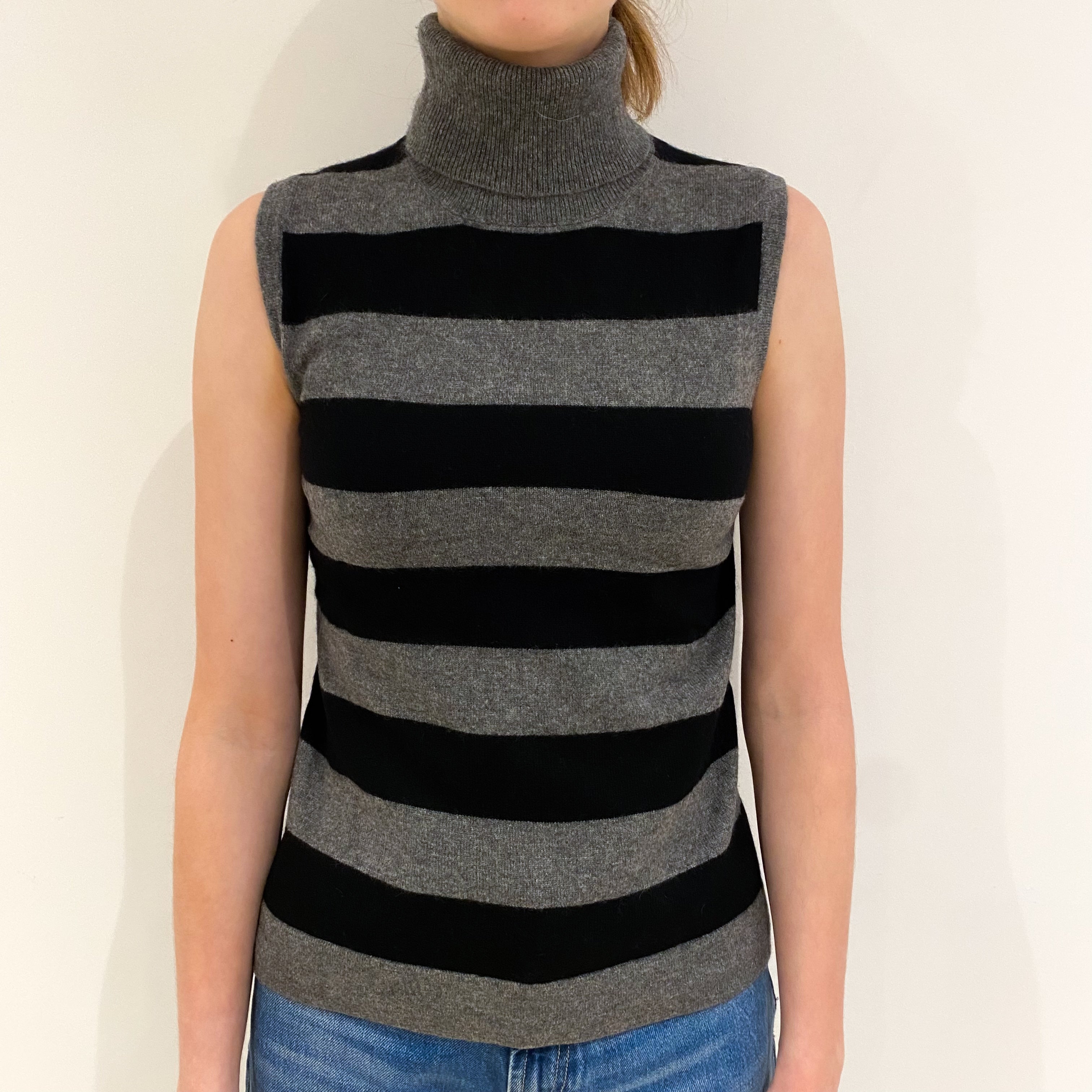 Black and Grey Stripe Cashmere Sleeveless Polo Neck Jumper Extra Small