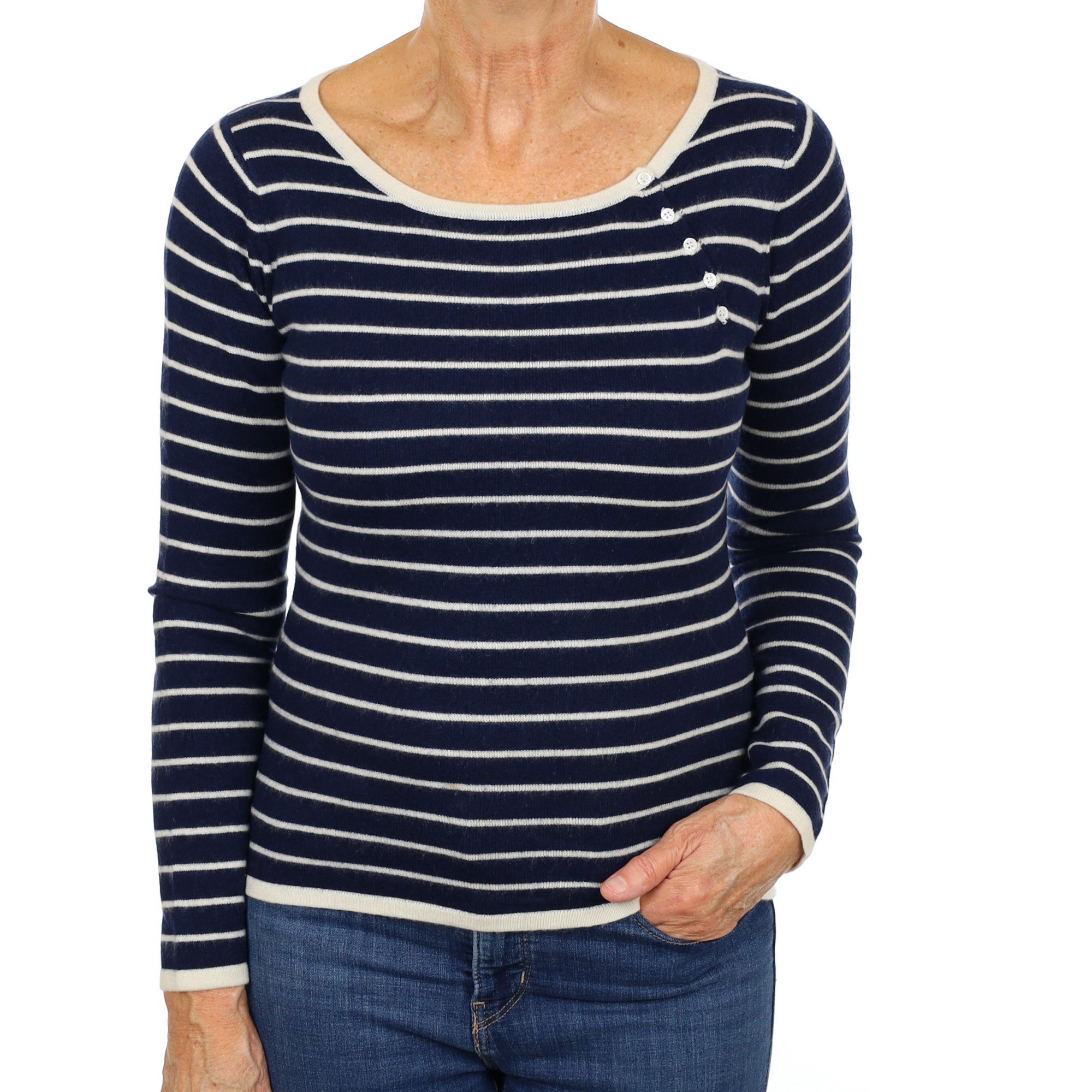 Navy and Cream Striped Cashmere Crew Neck Jumper Medium