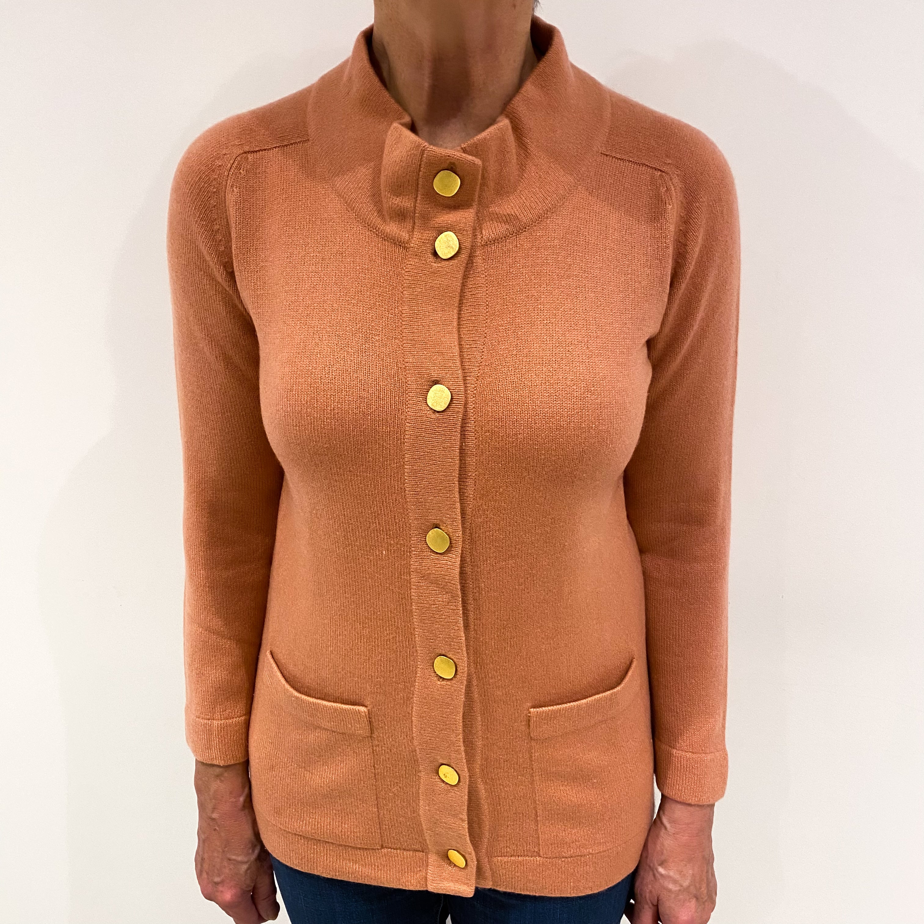 Vintage Scottish Pale Terracotta Brown Cashmere Turtle Neck Cardigan Medium