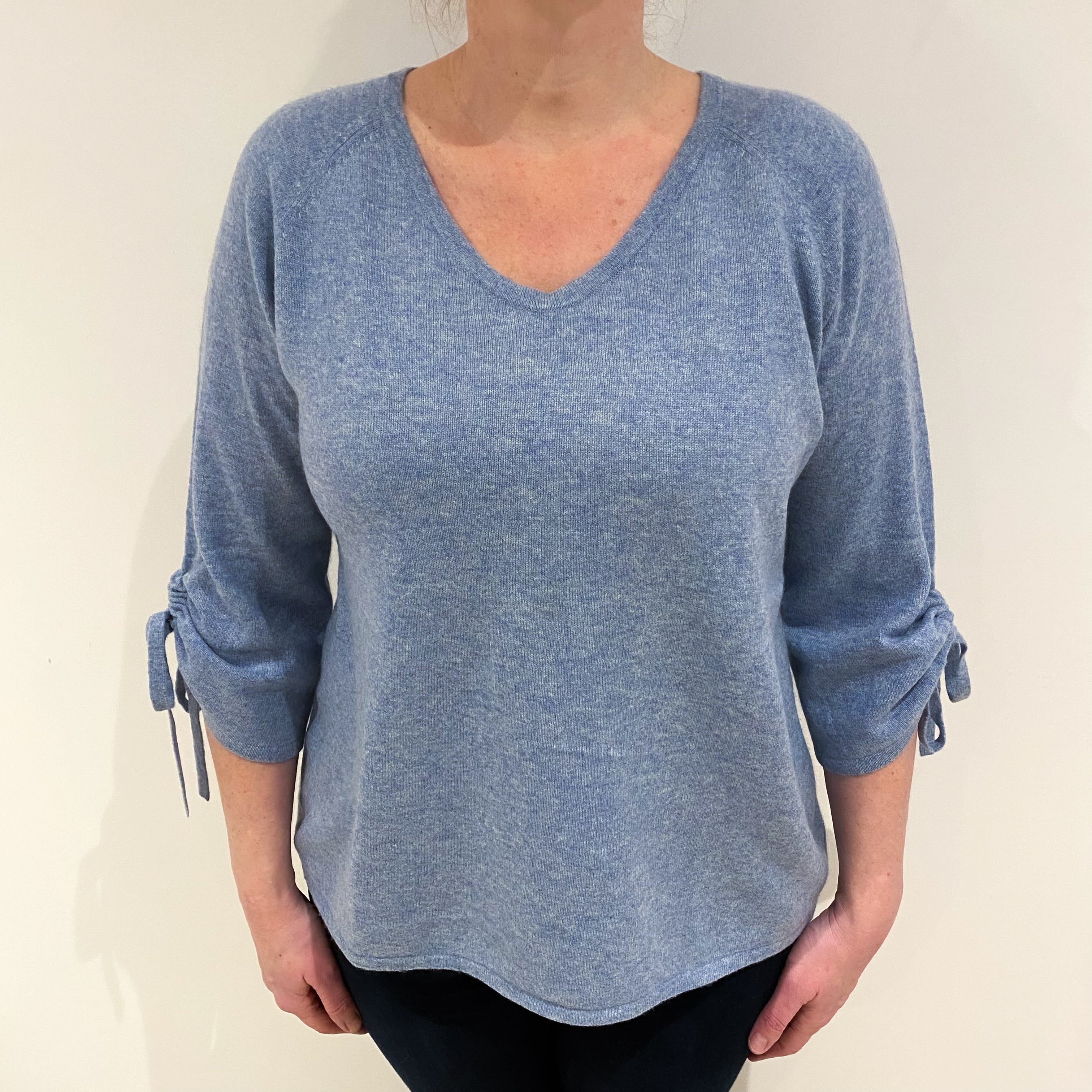 Sky Blue Cashmere Tie Sleeve V Neck Jumper Large