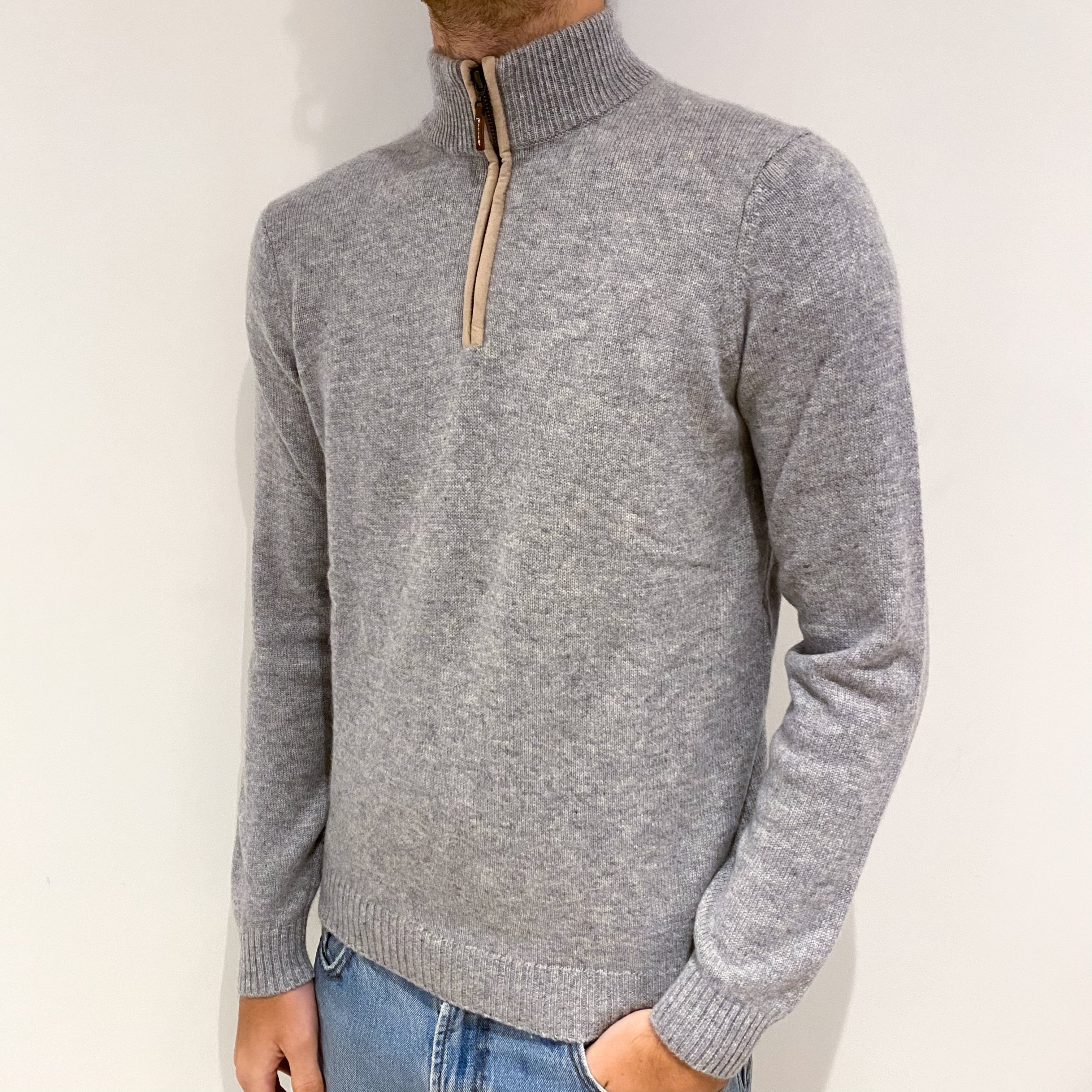 Men's Smoke Grey Cashmere 1/4 Zip Jumper Large