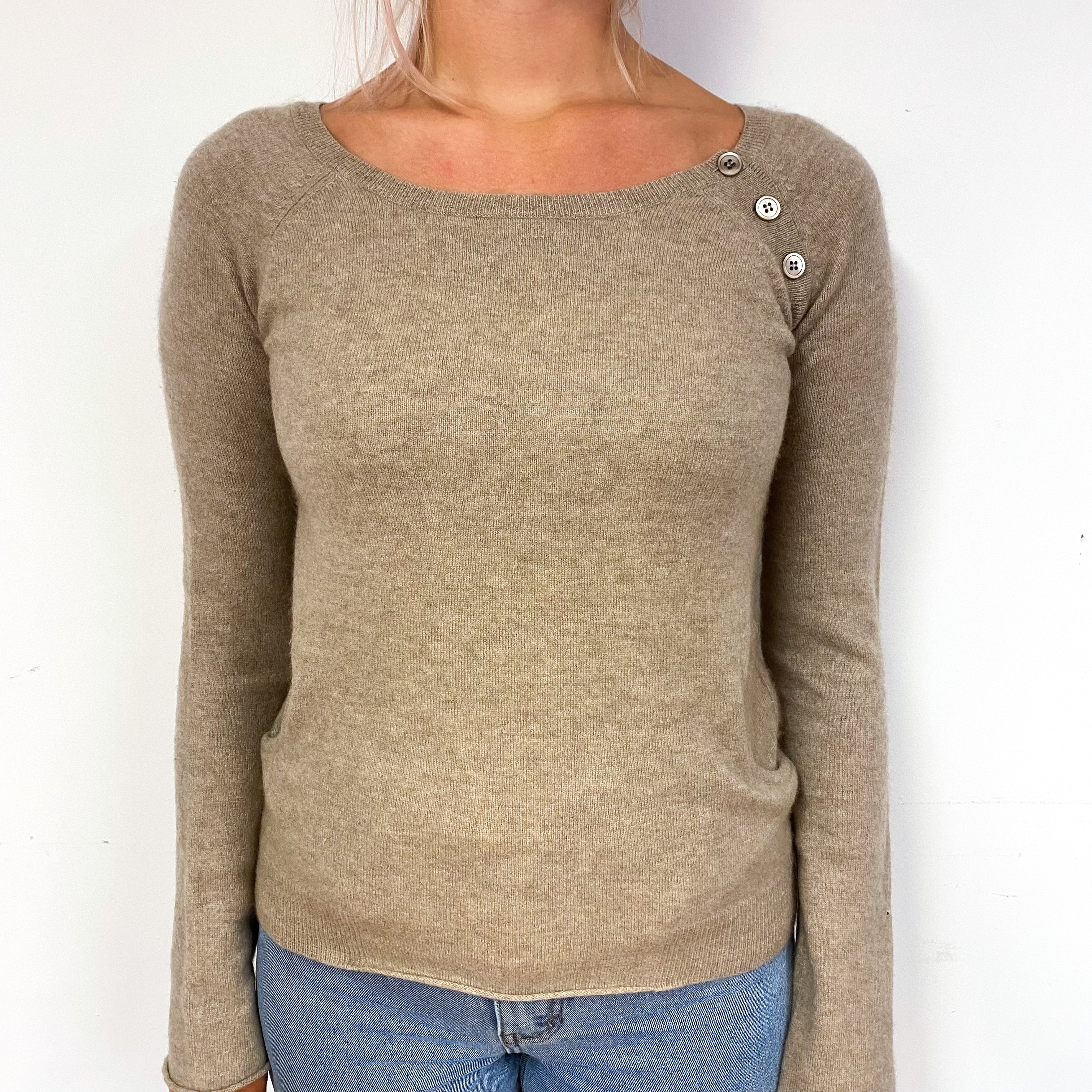 Taupe Brown Cashmere Crew Neck with Pockets Jumper Small