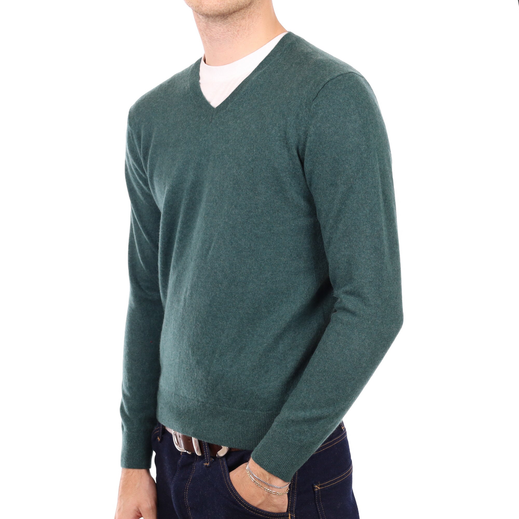 Men's Spruce Green Cashmere V Neck Jumper Medium