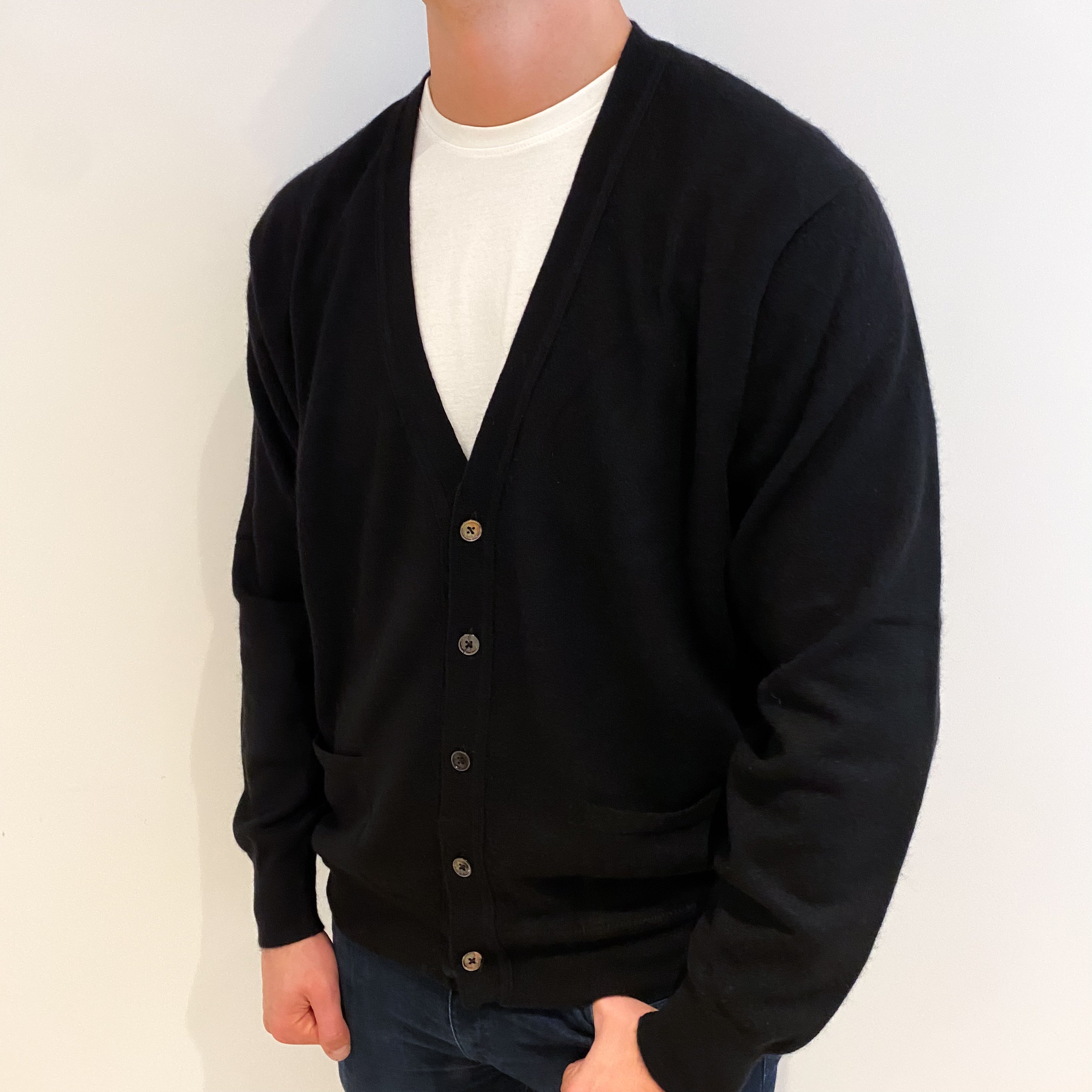 Men's Scottish Black Cashmere V Neck Cardigan XXL