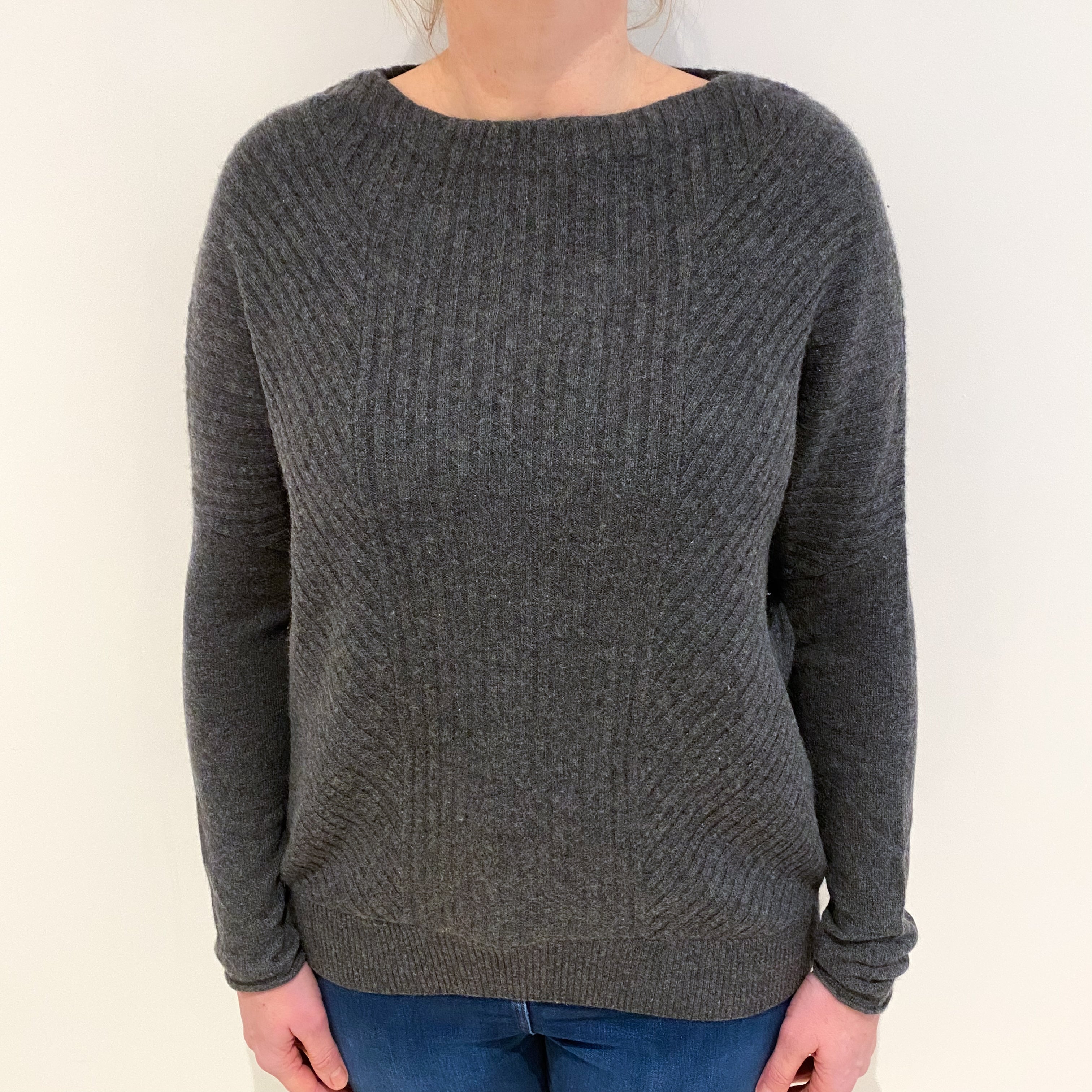 Slate Grey Rib Cashmere Batwing Slash Neck Jumper Large