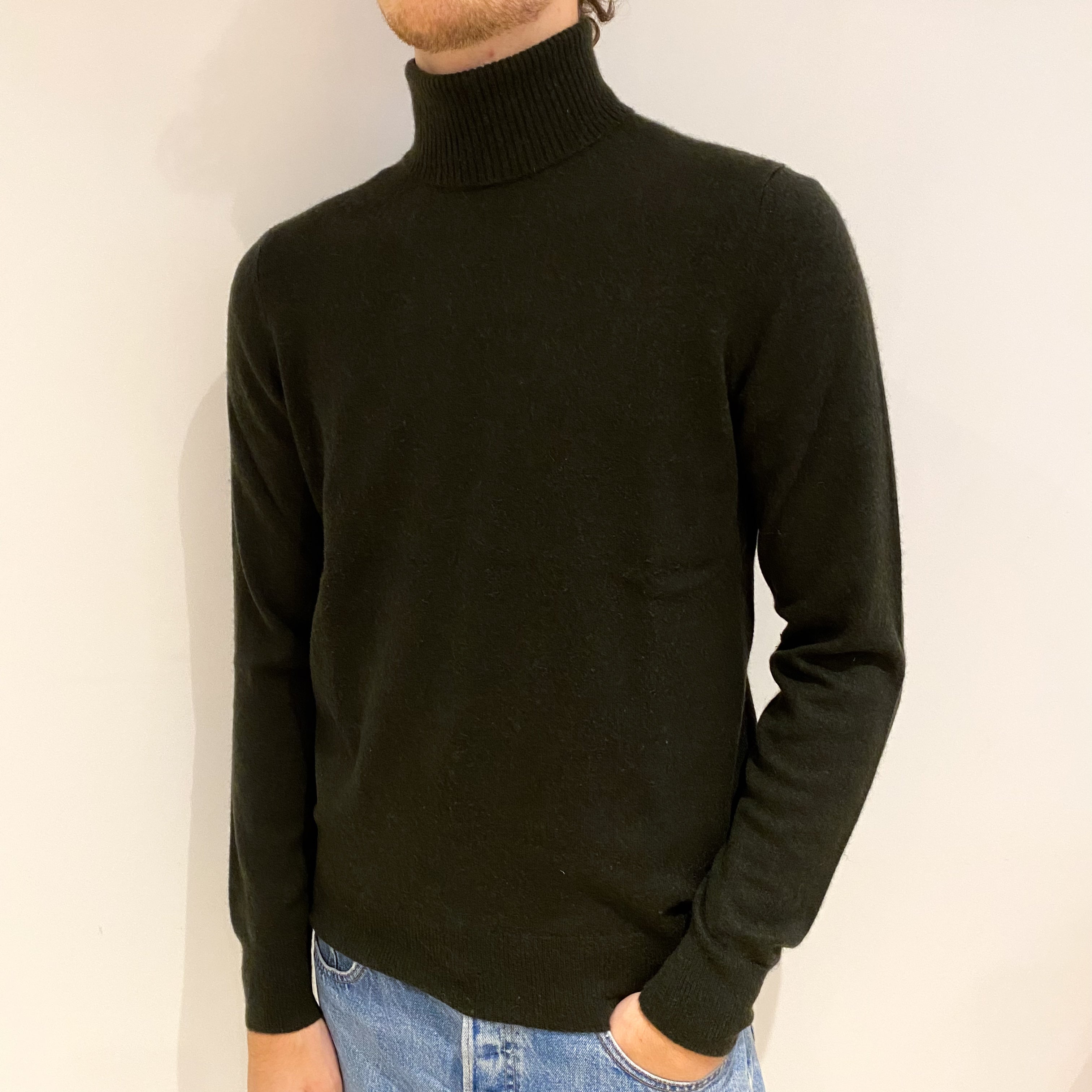 Men's Army Green Cashmere Polo Neck Jumper Medium