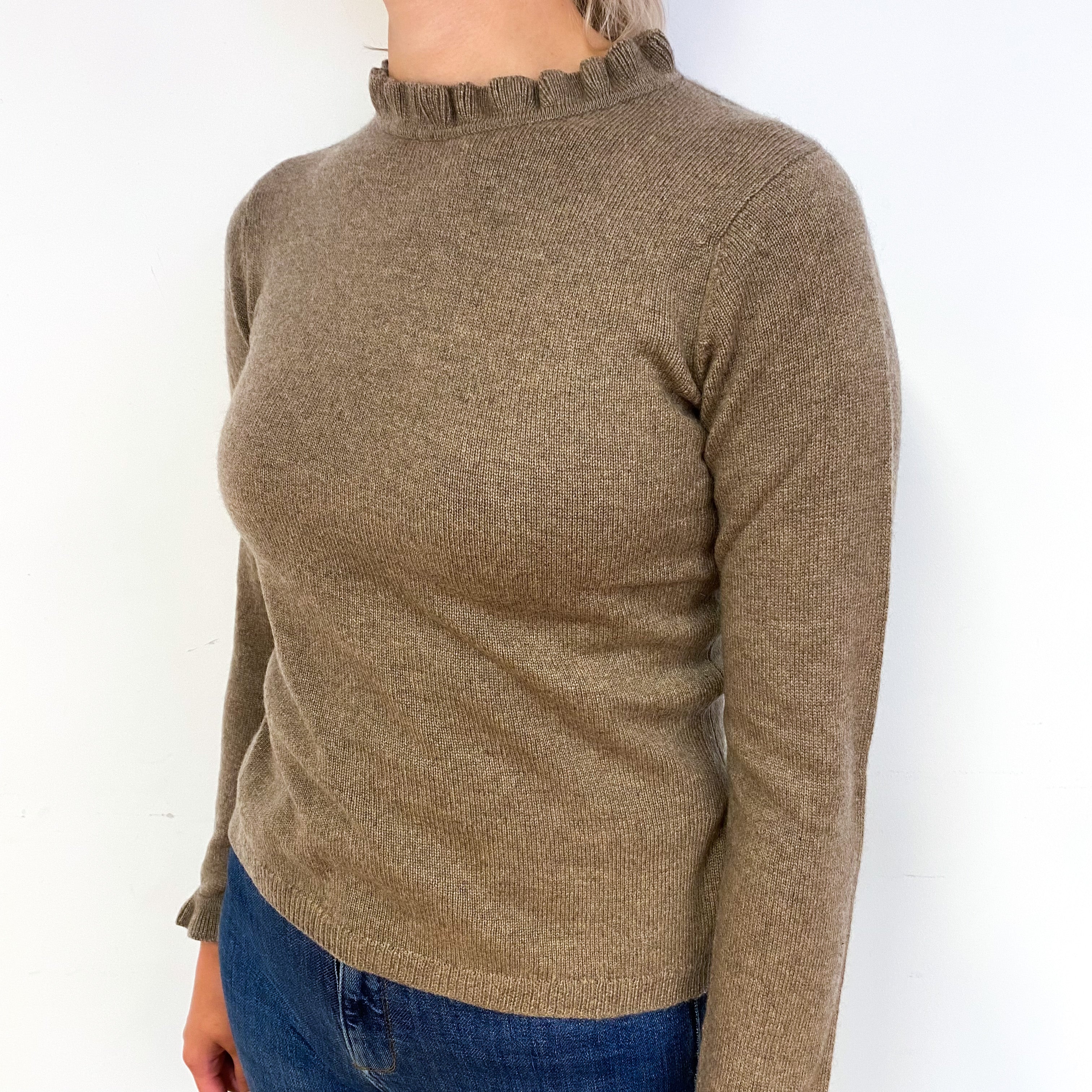 Scottish Mocha Brown Cashmere Frill Crew Neck Jumper Small