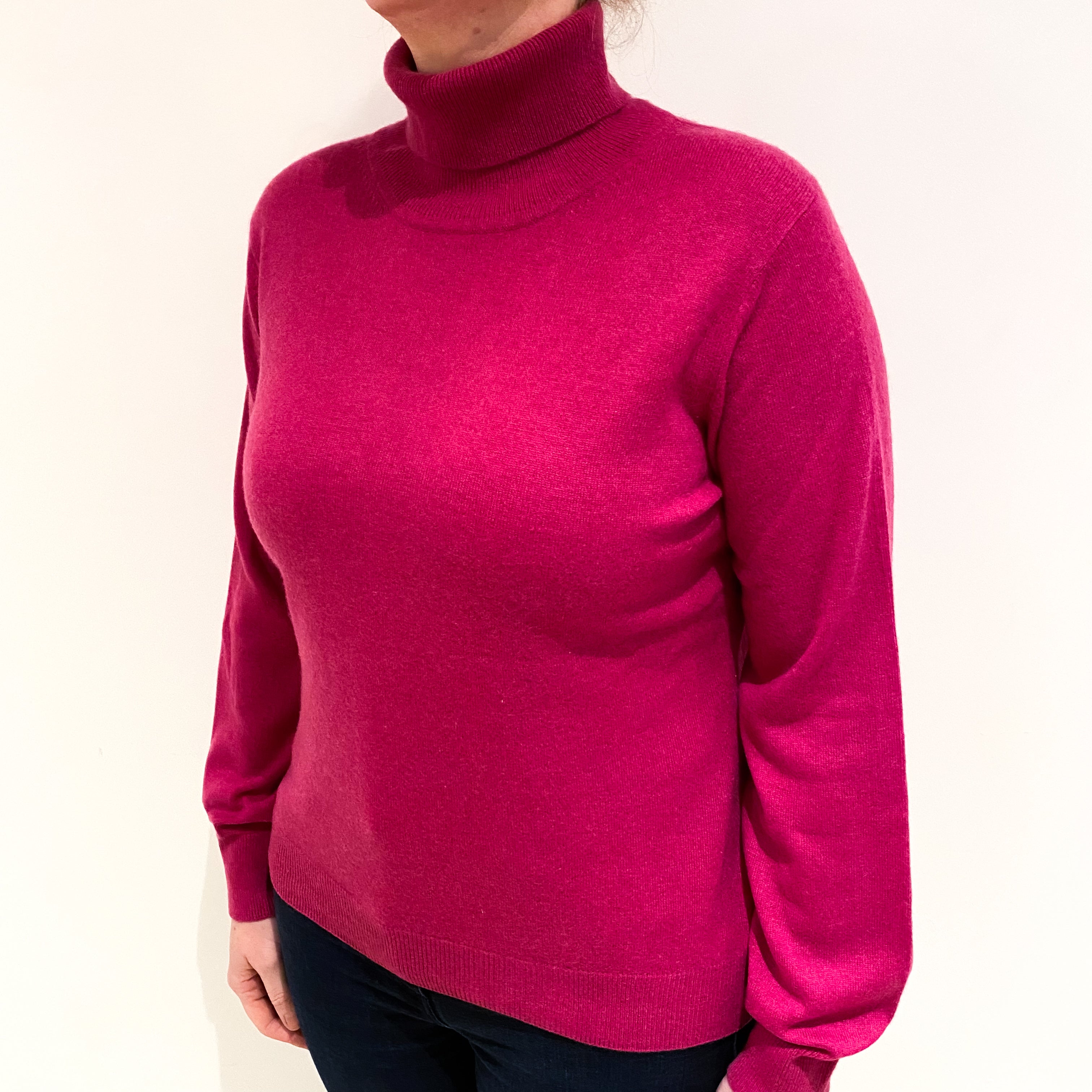 Magenta Pink Cashmere Polo Neck Jumper Large