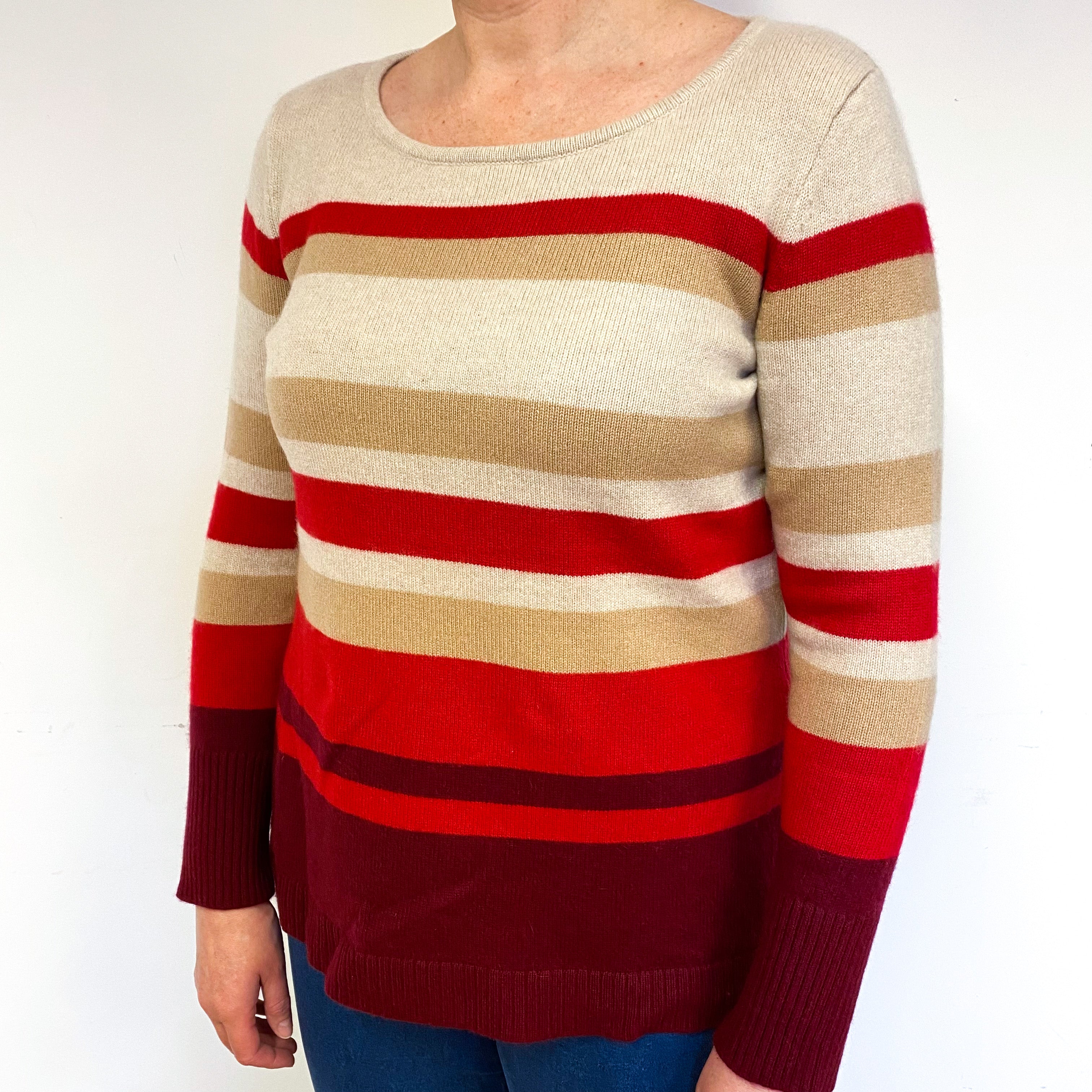 Red Beige Stripe Cashmere Crew Neck Jumper Large