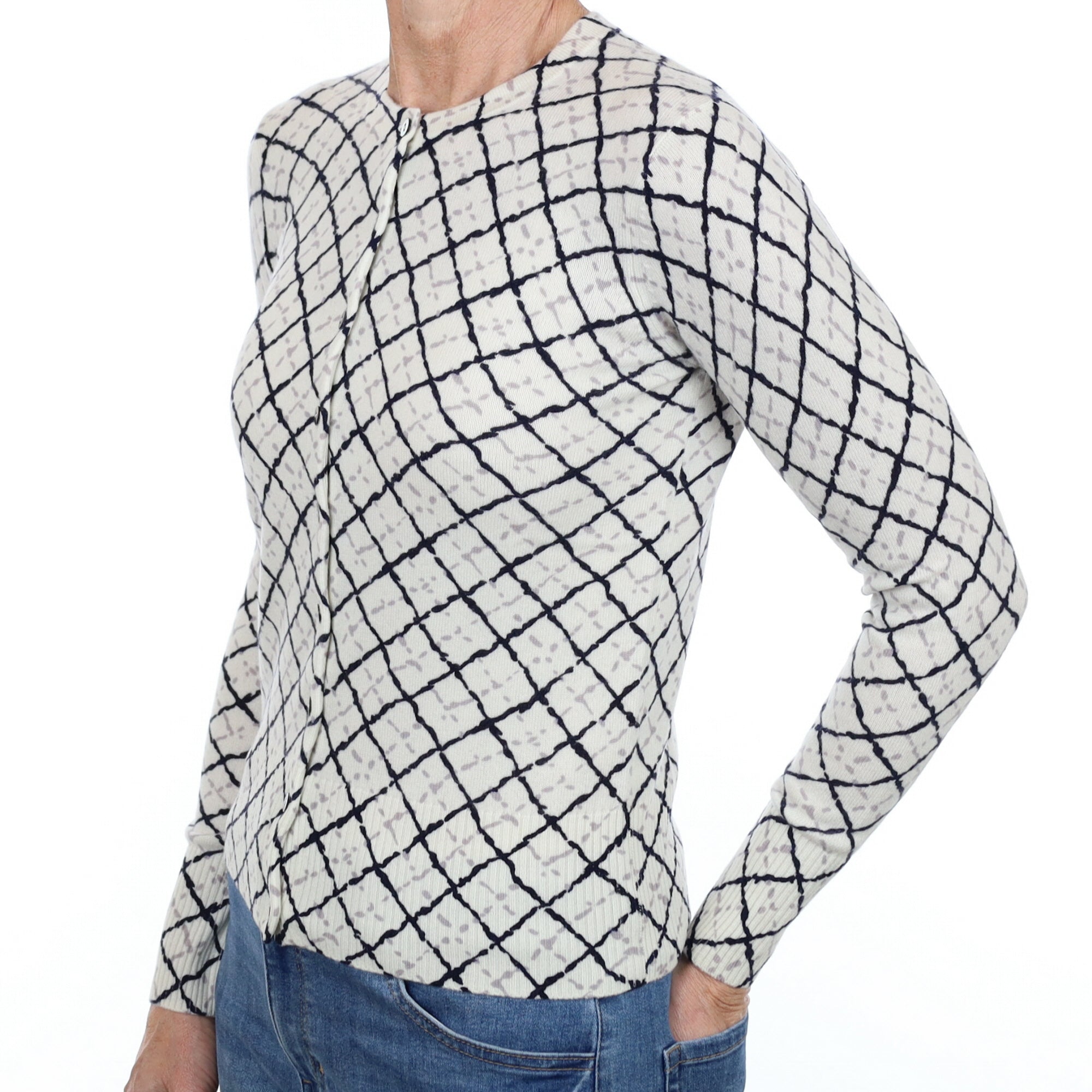 New Cream and Black Patterned Cashmere Crew Neck Cardigan Small