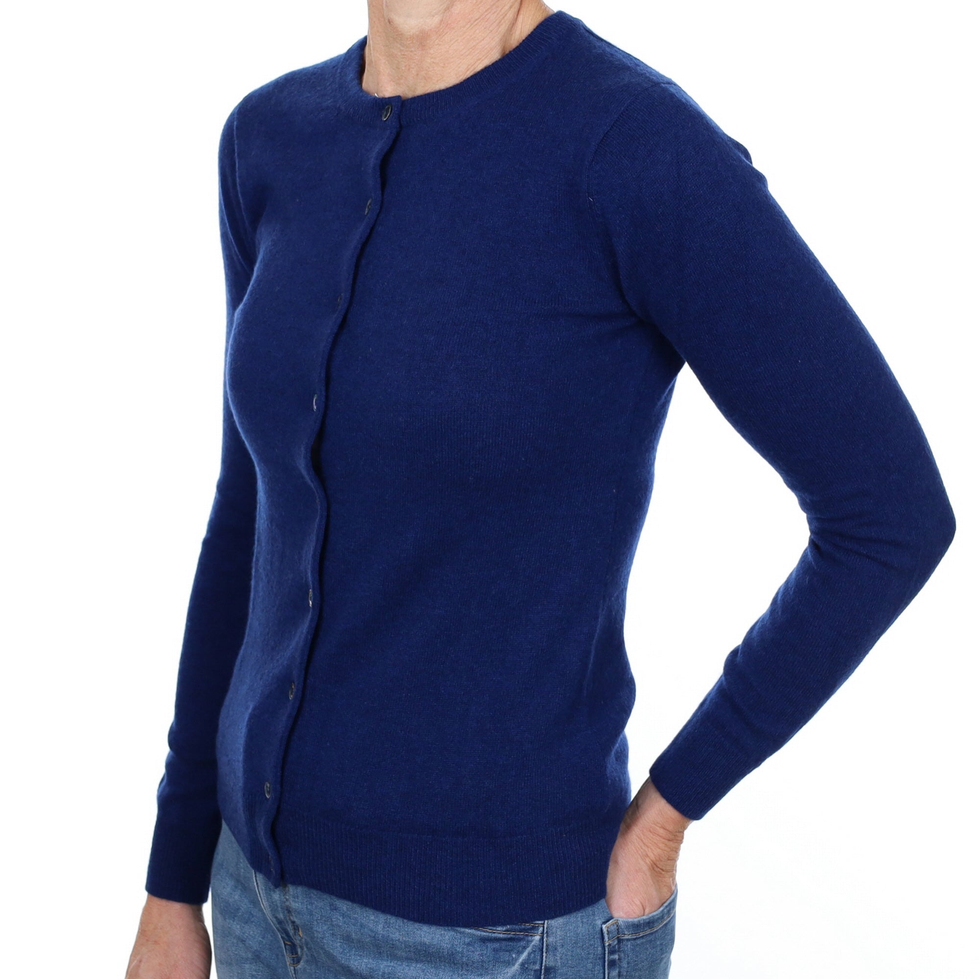 New French Navy Cashmere Crew Neck Cardigan Small