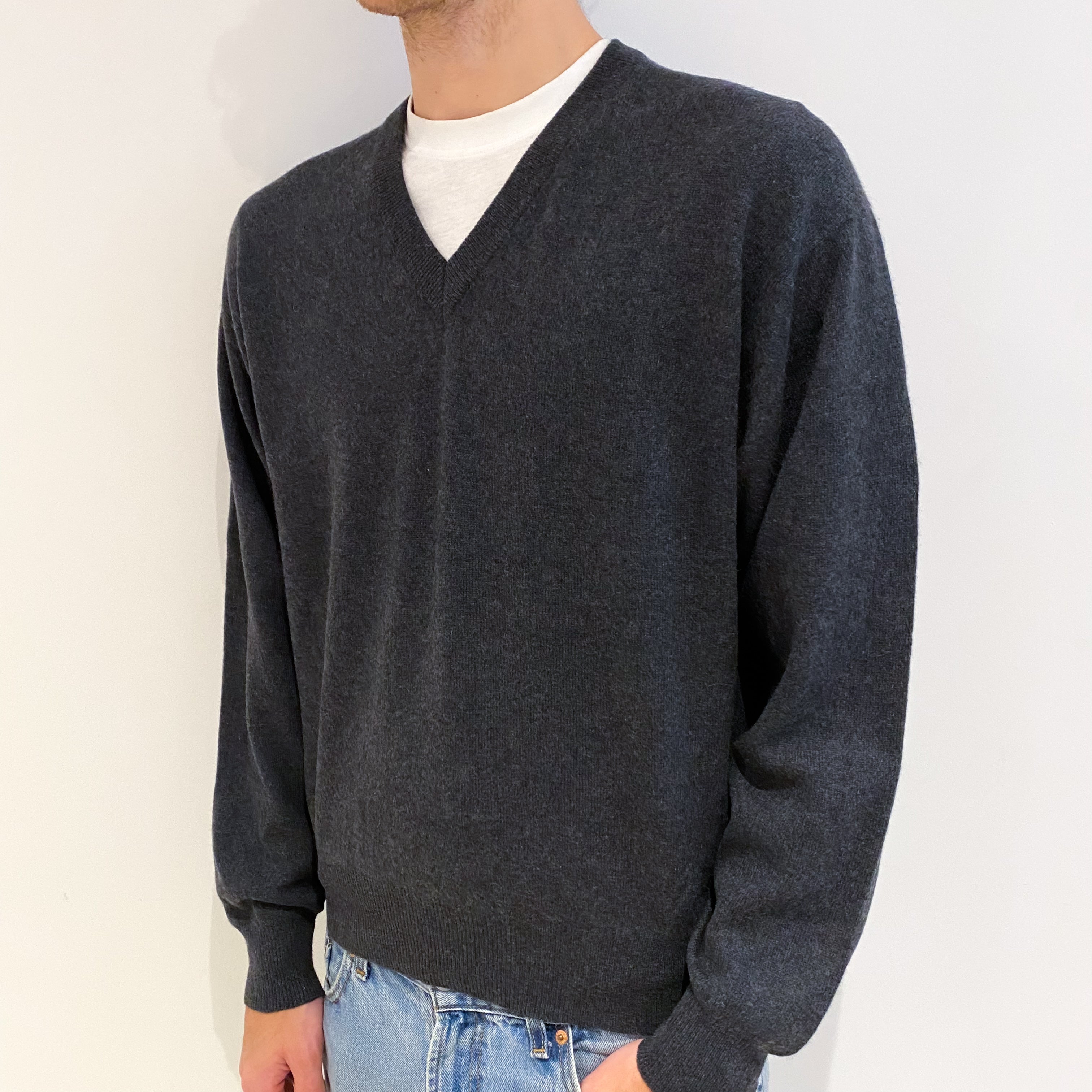 Men's Slate Grey Cashmere V Neck Jumper Large