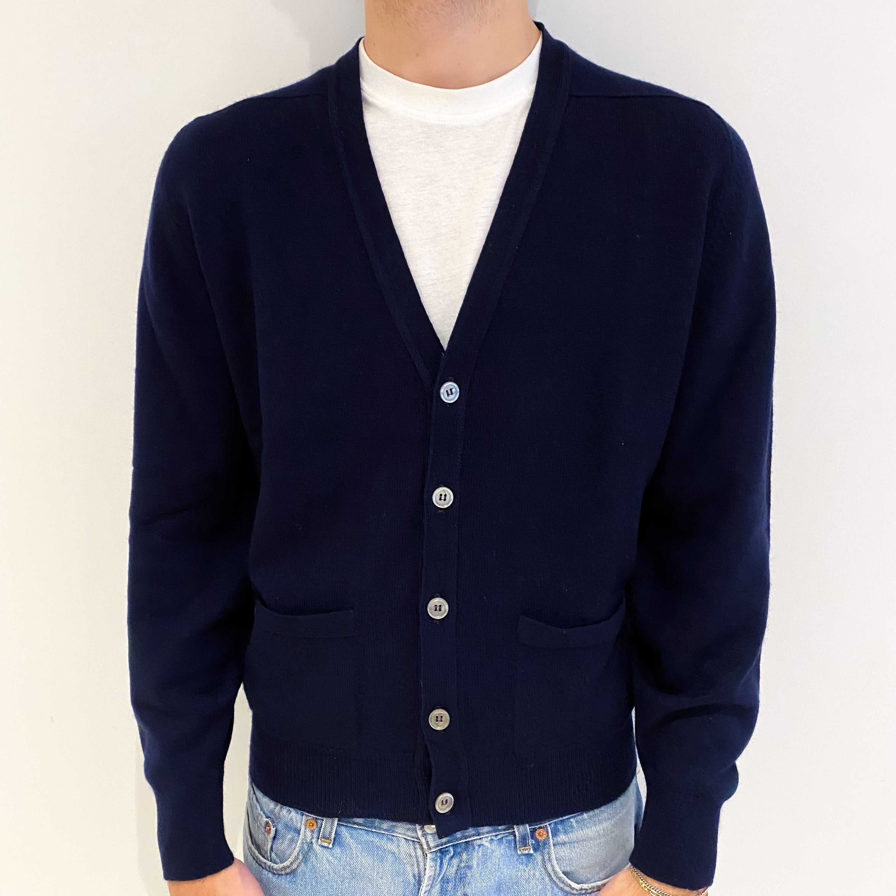 Men's Vintage Jay Bird Scottish Navy Blue Cashmere V Neck Cardigan Large