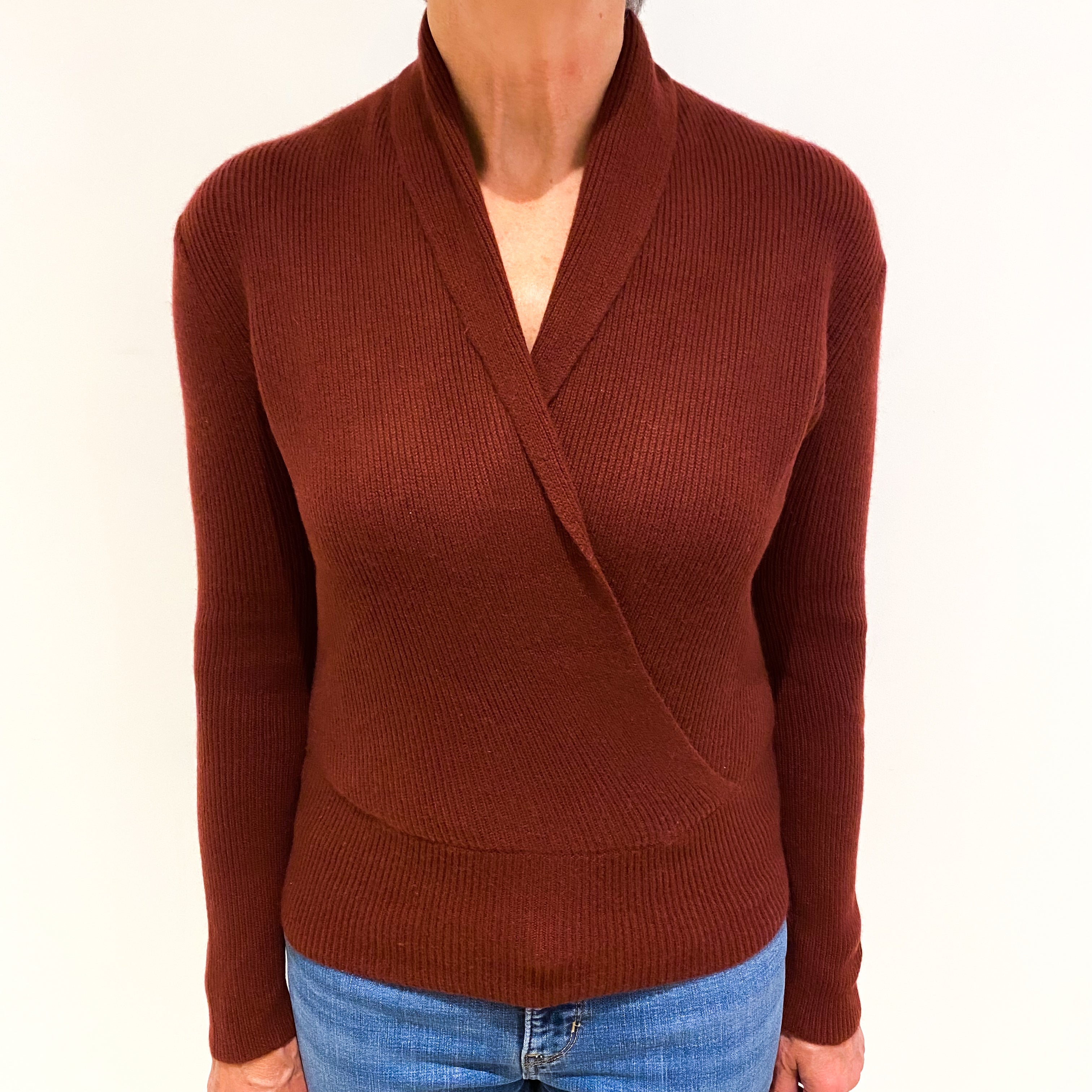 Burgundy Red Cashmere Collared V Neck Jumper Medium