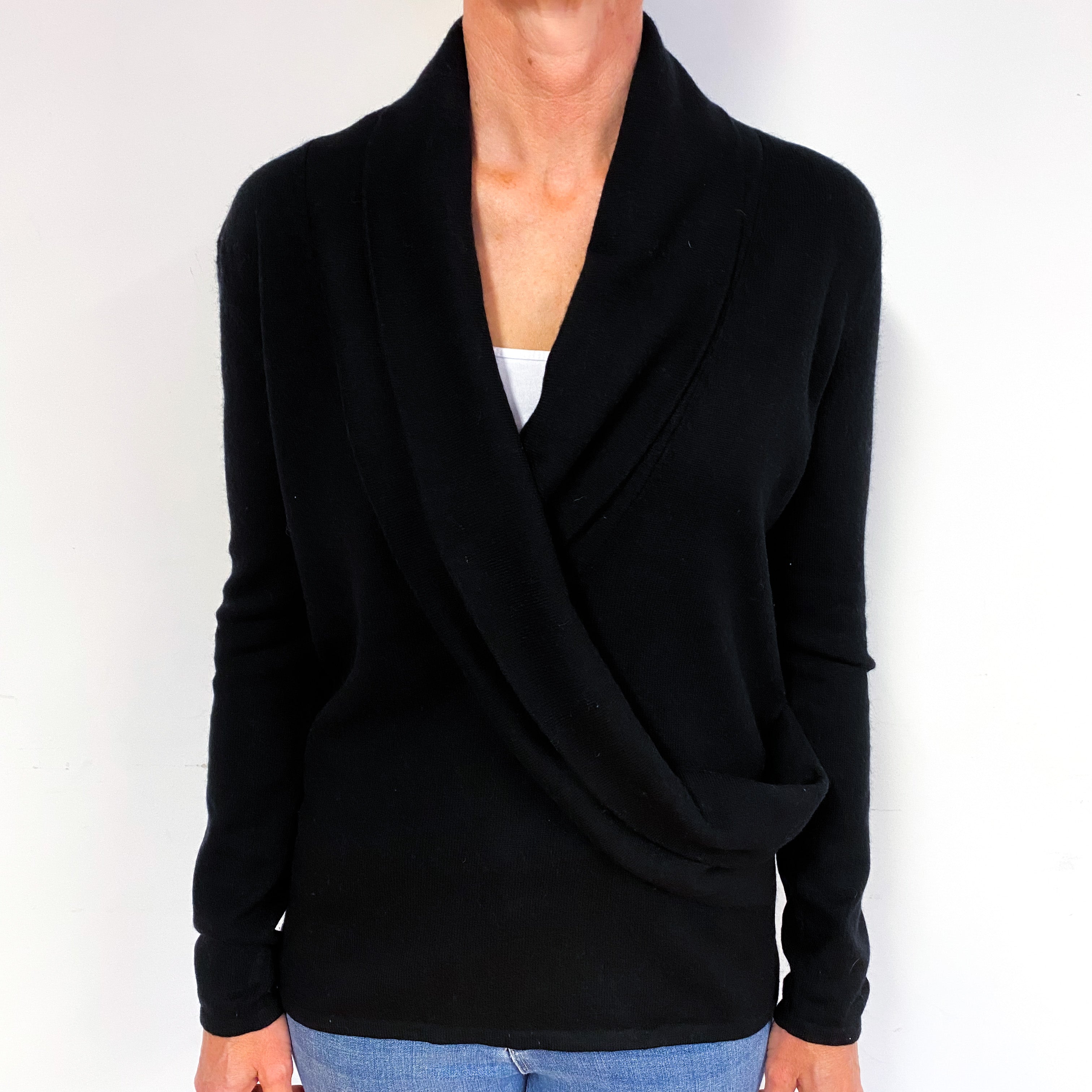 Black Cross Over Cashmere Collared V-Neck Jumper Medium