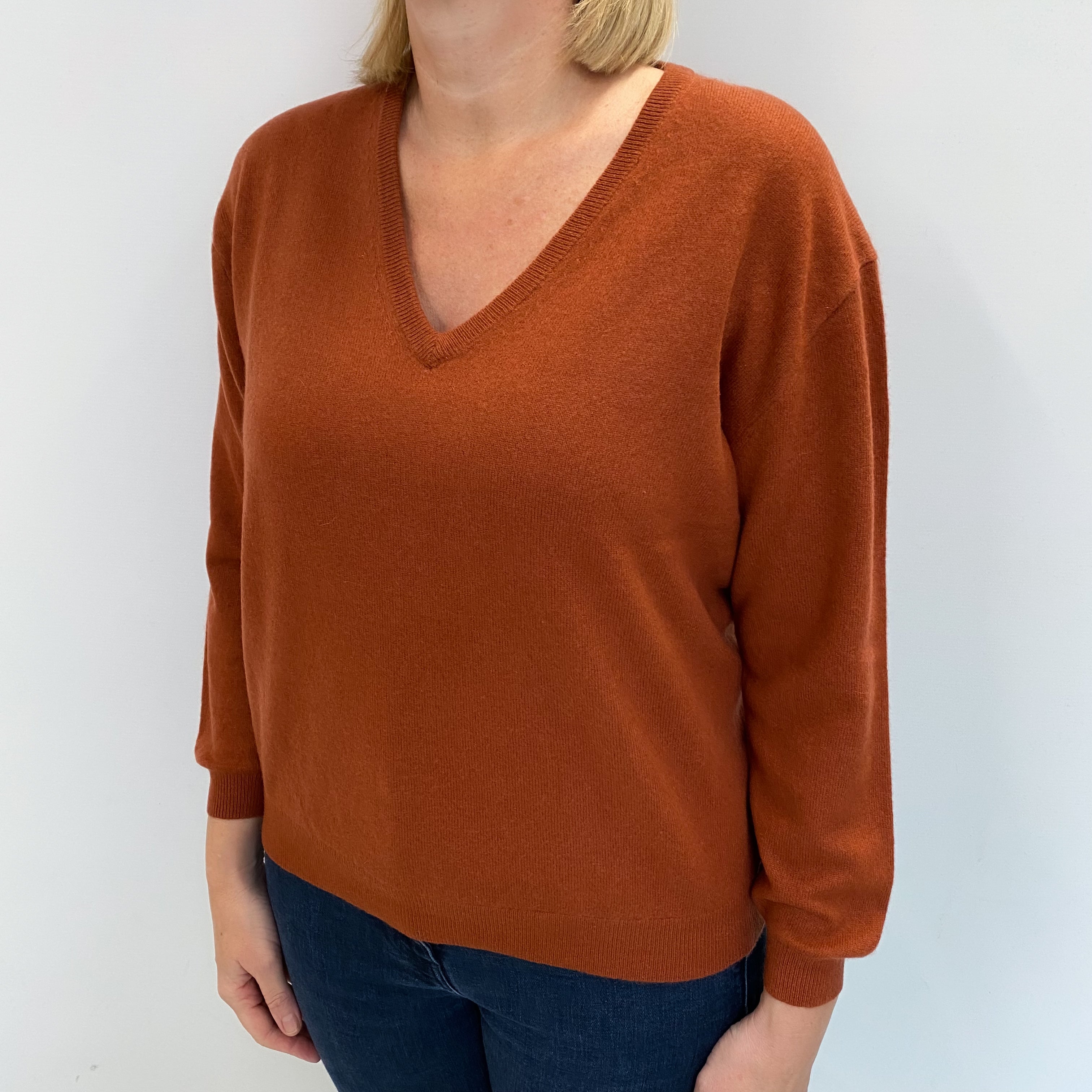 Rust Brown Cashmere V Neck Jumper Large