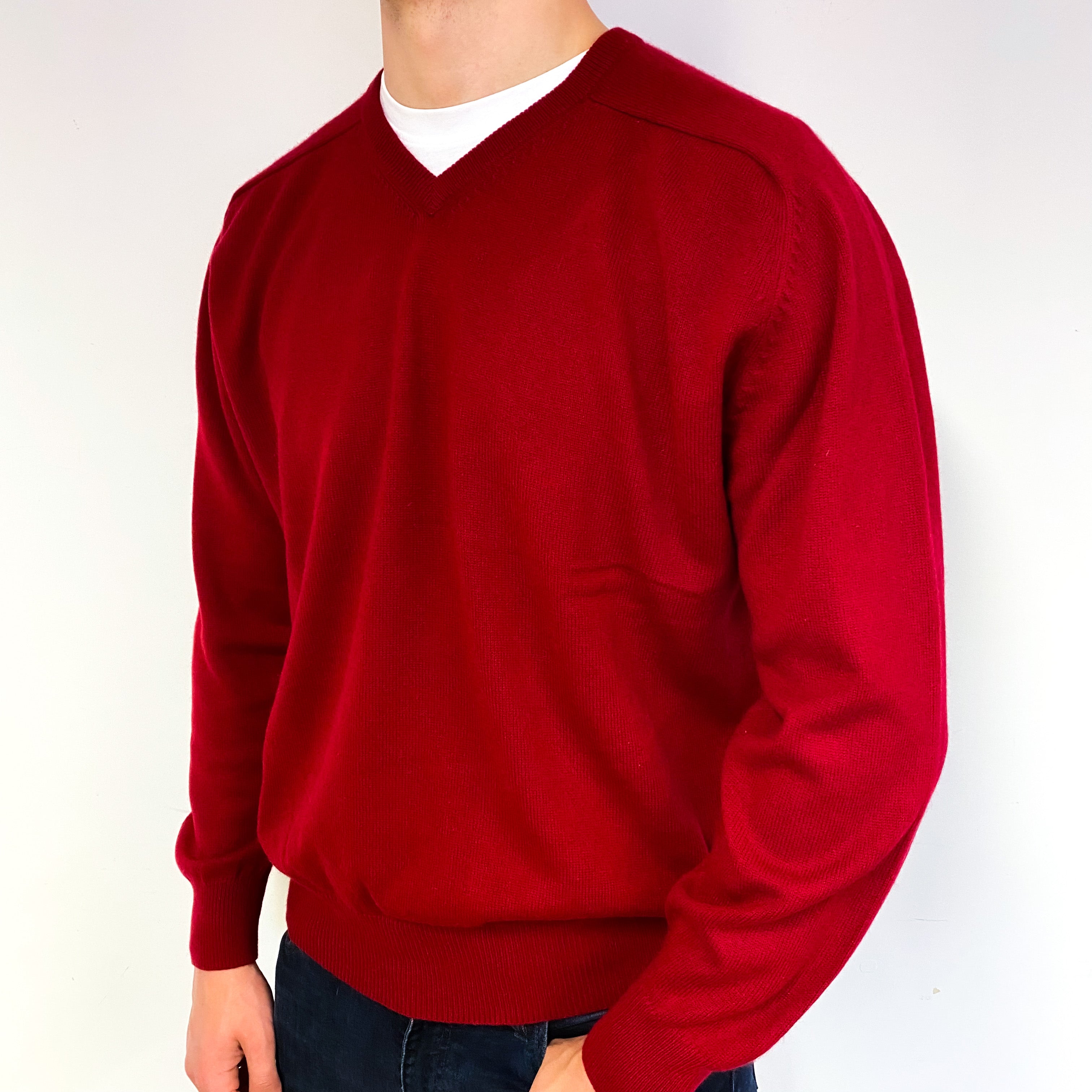 Men's Crimson Red Cashmere V-Neck Jumper Extra Large