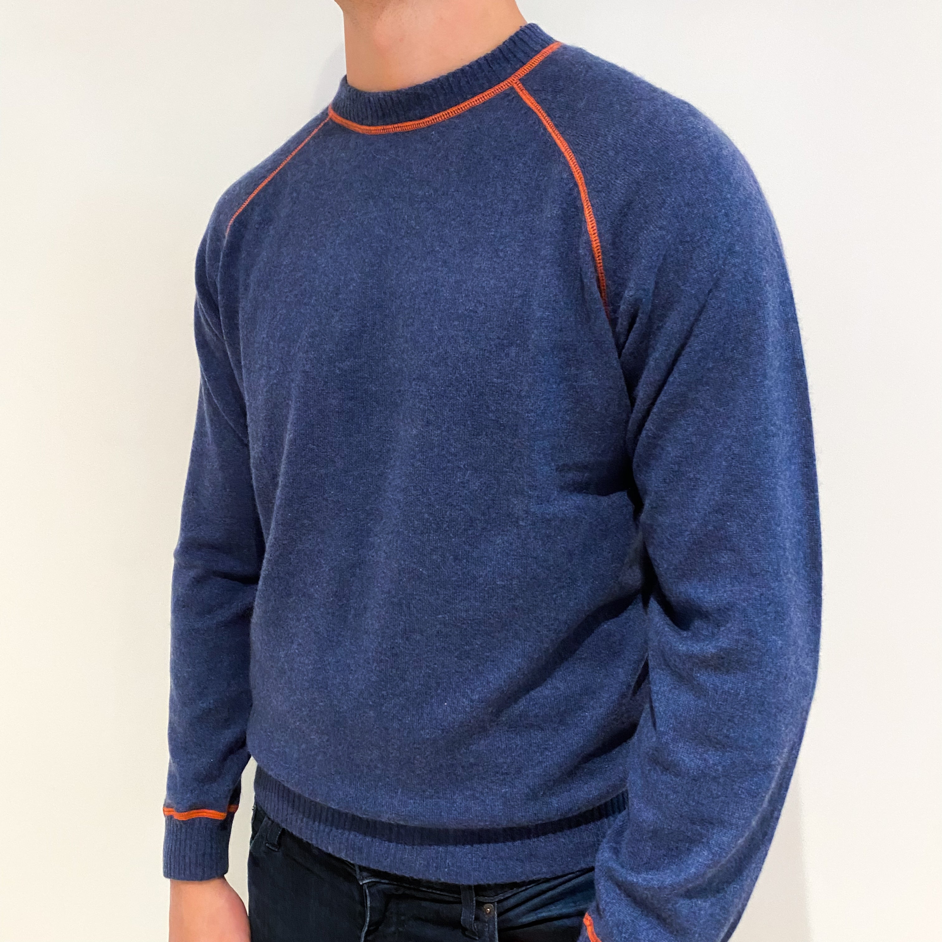 Men's Dark Denim Blue Cashmere Crew Neck Jumper Extra Large
