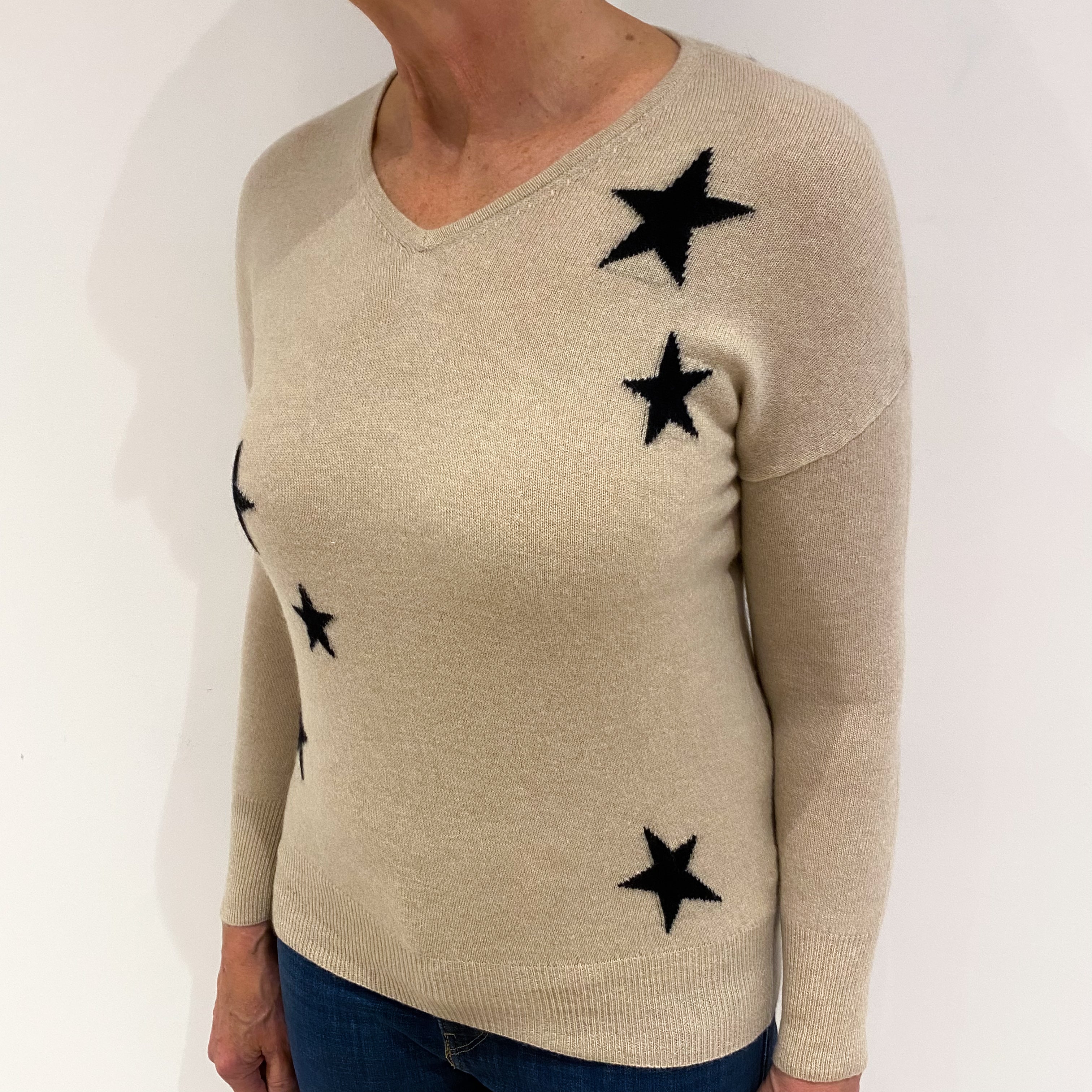 Oatmeal Cream with Black Stars Cashmere Jumper Medium