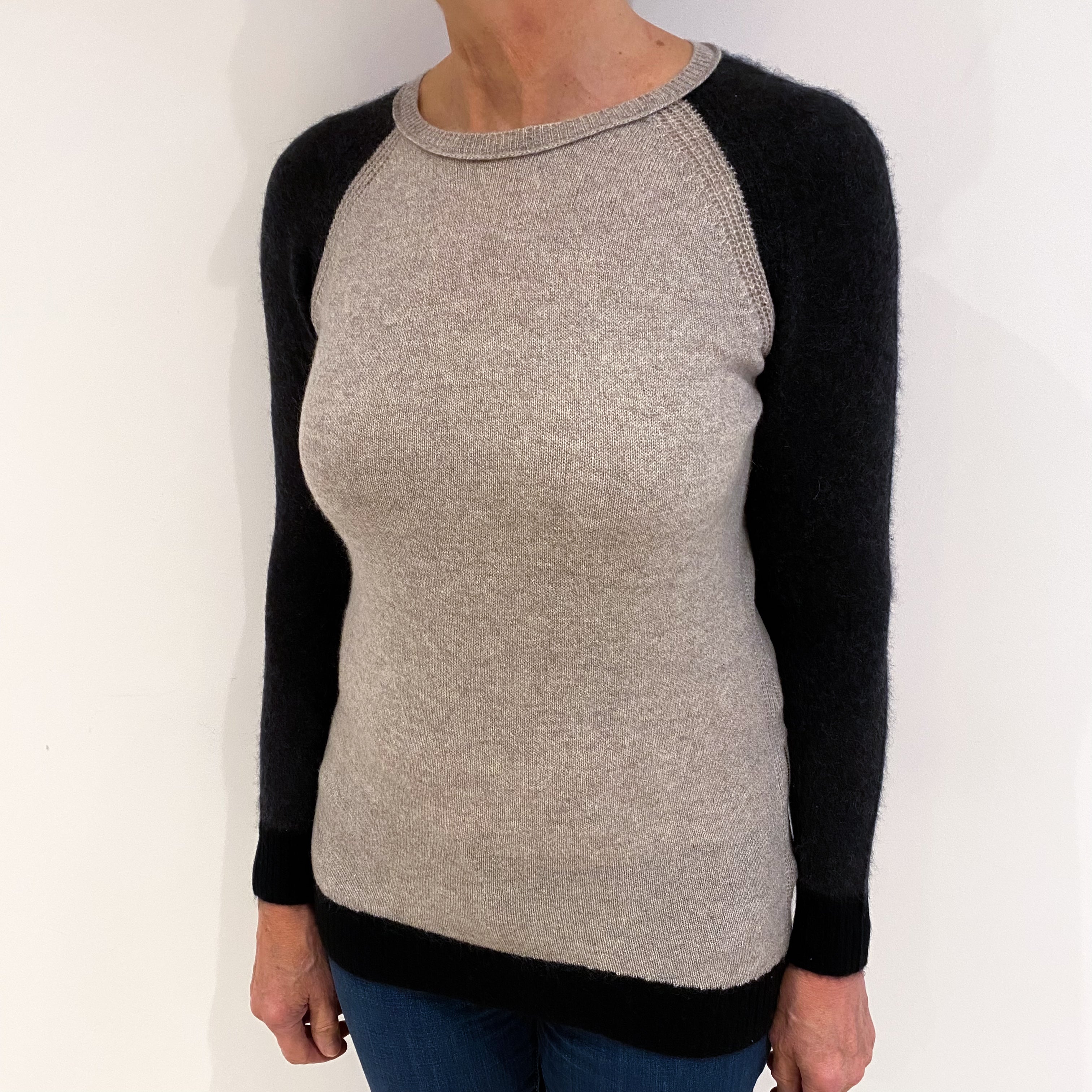 Fawn and Charcoal Cashmere Crew Neck Jumper Medium