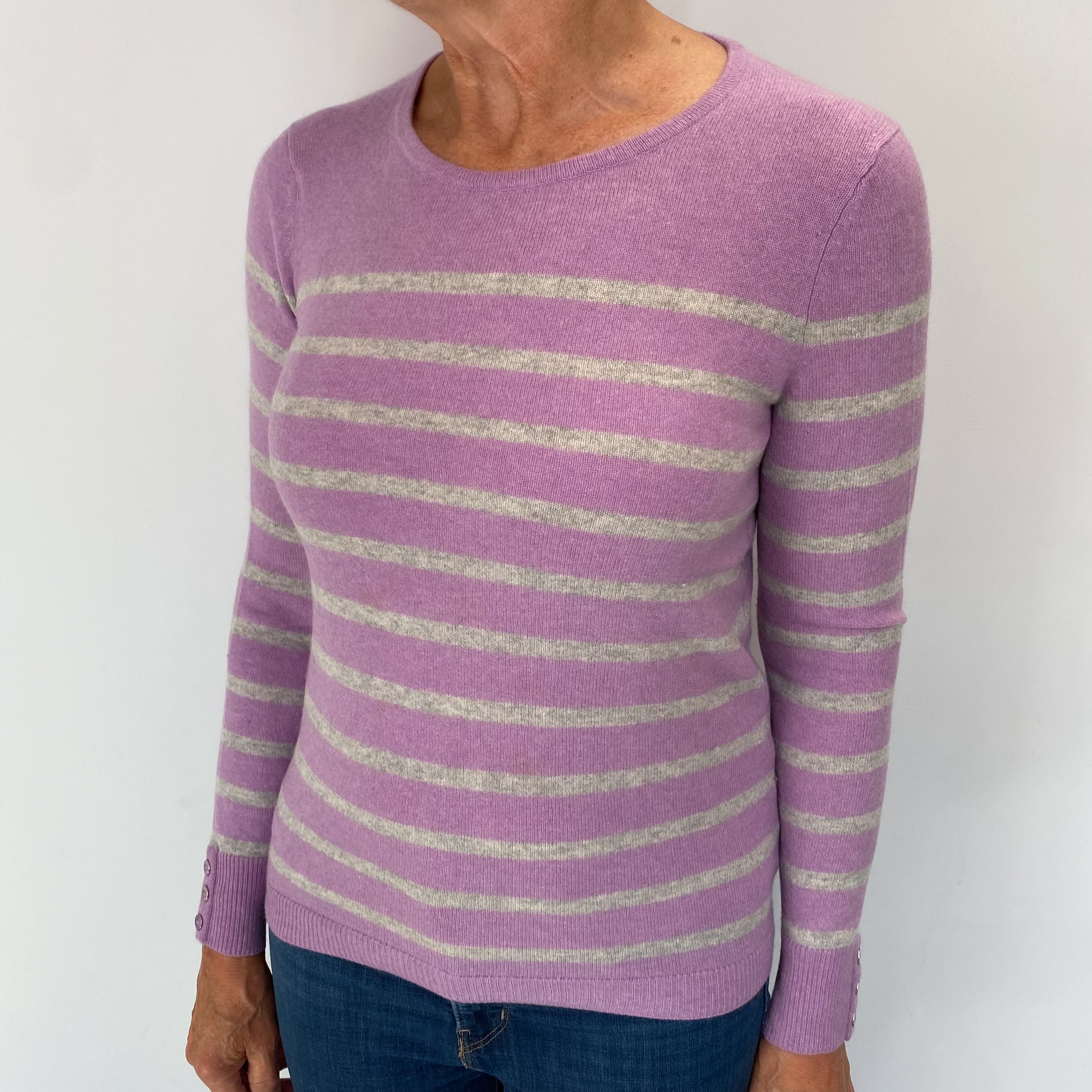 Lilac And Grey Striped Cashmere Crew Neck Jumper Medium