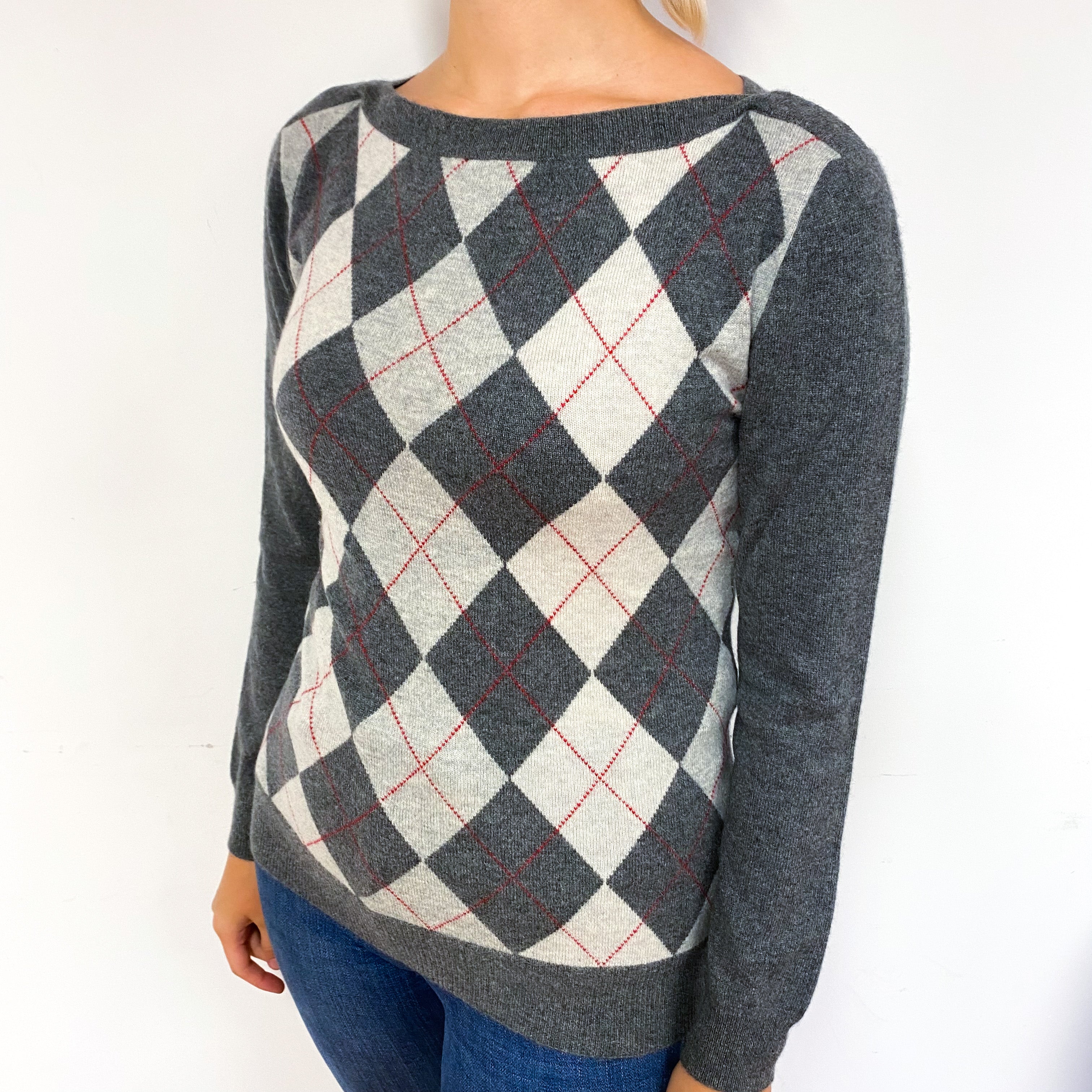 Slate Grey Argyle Cashmere Boat Neck Jumper Small