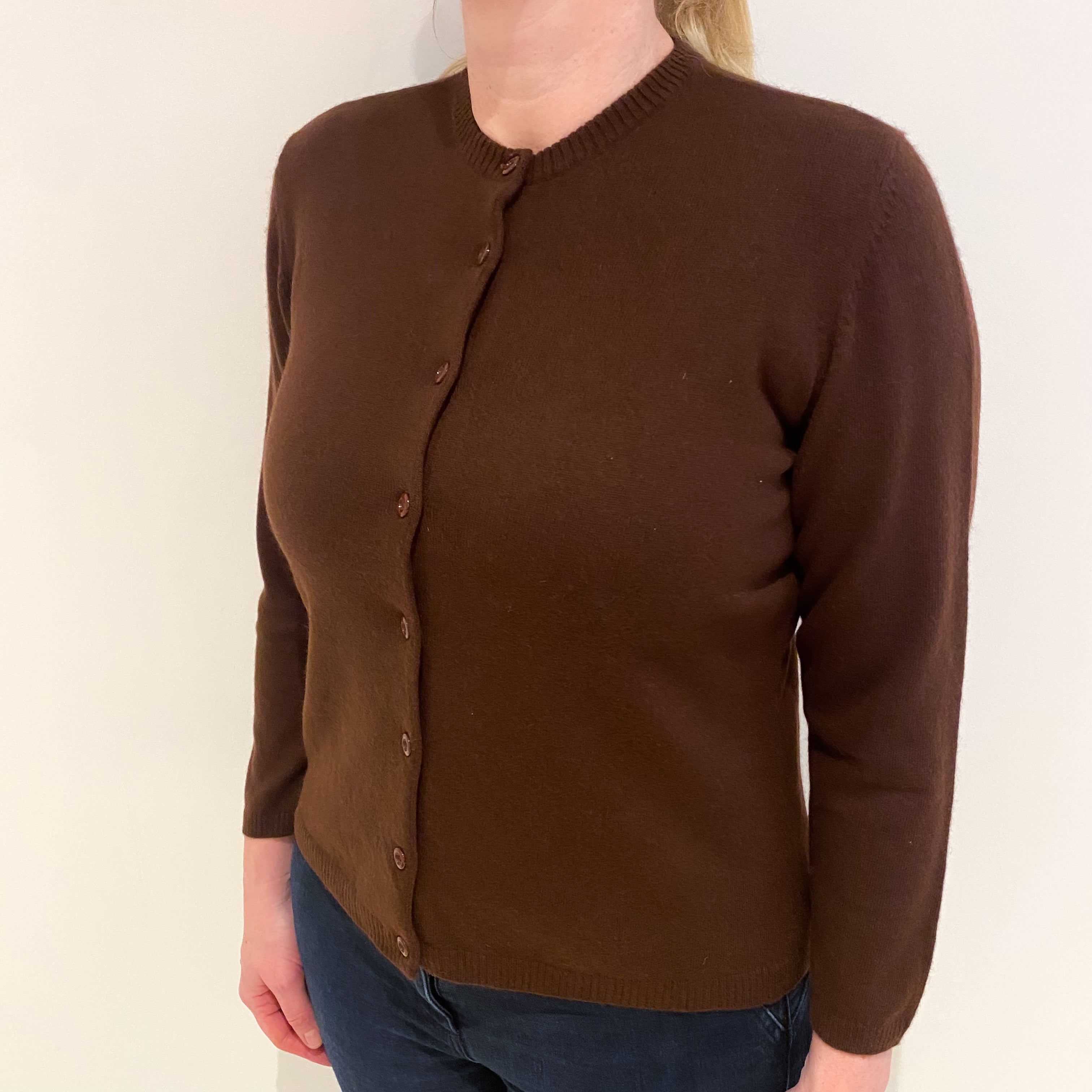 Rich Chocolate Brown Cashmere Crew Neck Cardigan Large