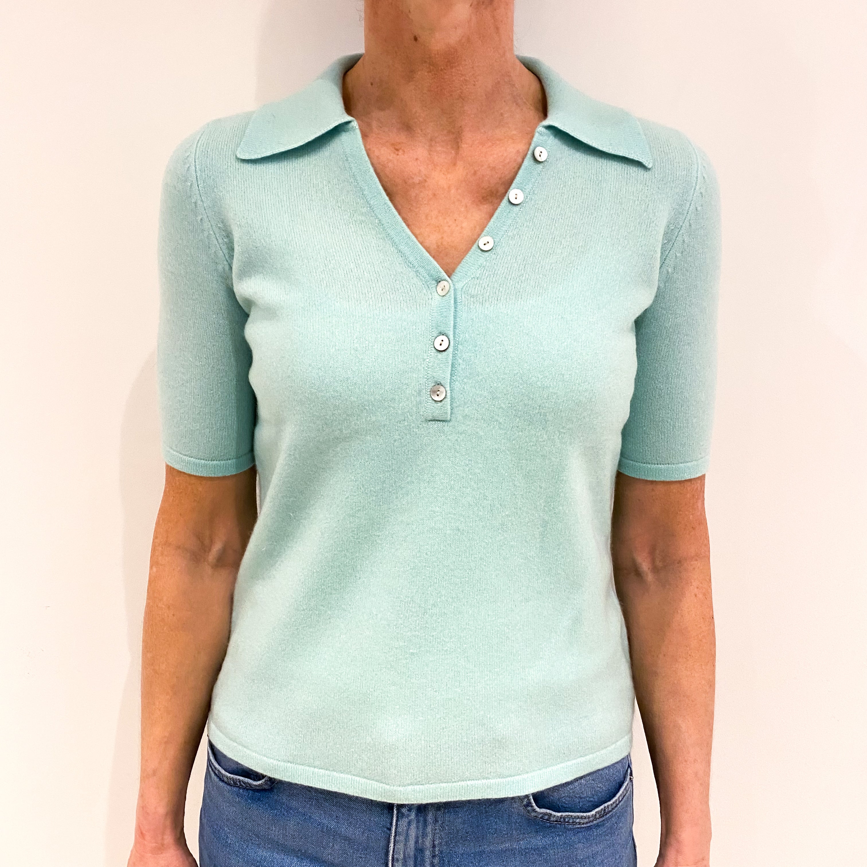 Deep Mint Blue Cashmere Collared V Neck Short Sleeved Jumper Small