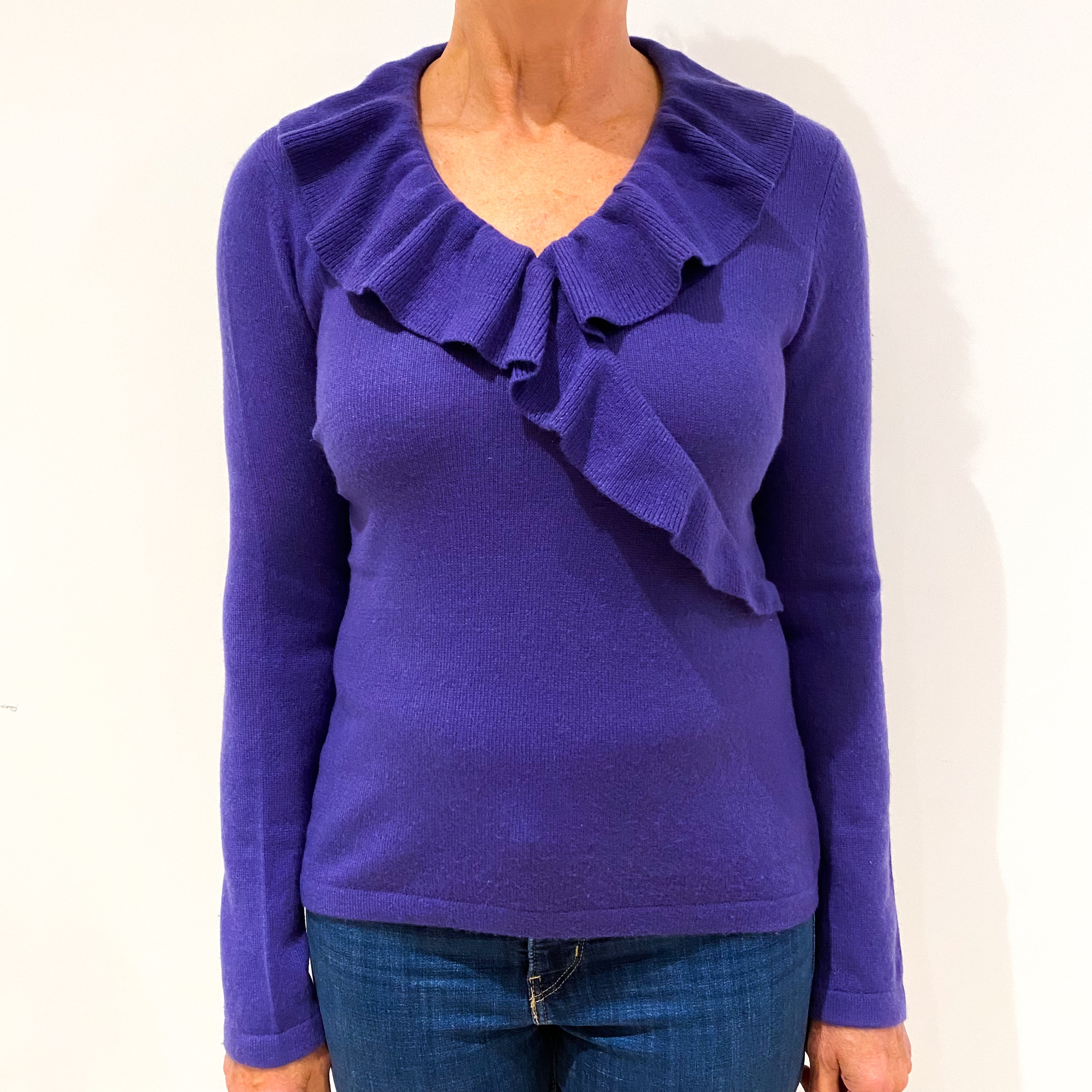 Pansy Purple Frill Trim Cashmere Crew Neck Jumper Medium