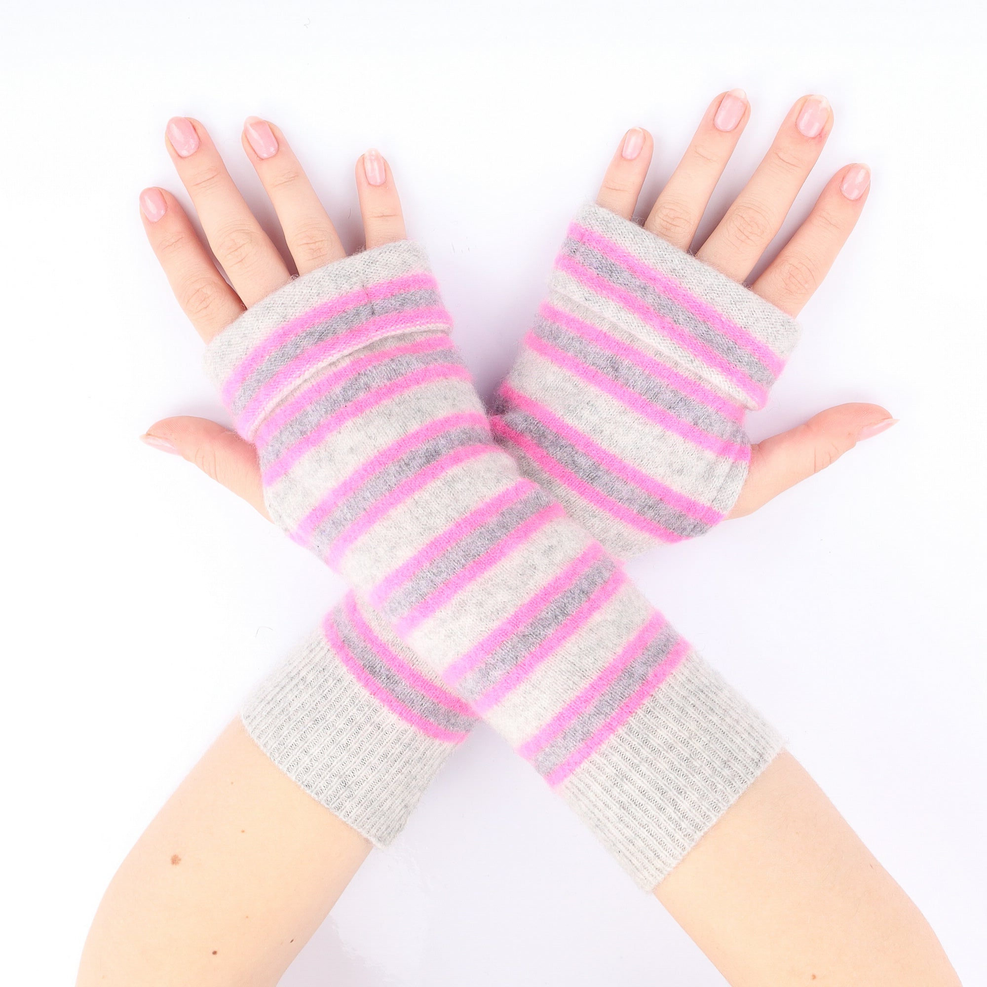 Grey and Pink Stripe Fingerless Gloves