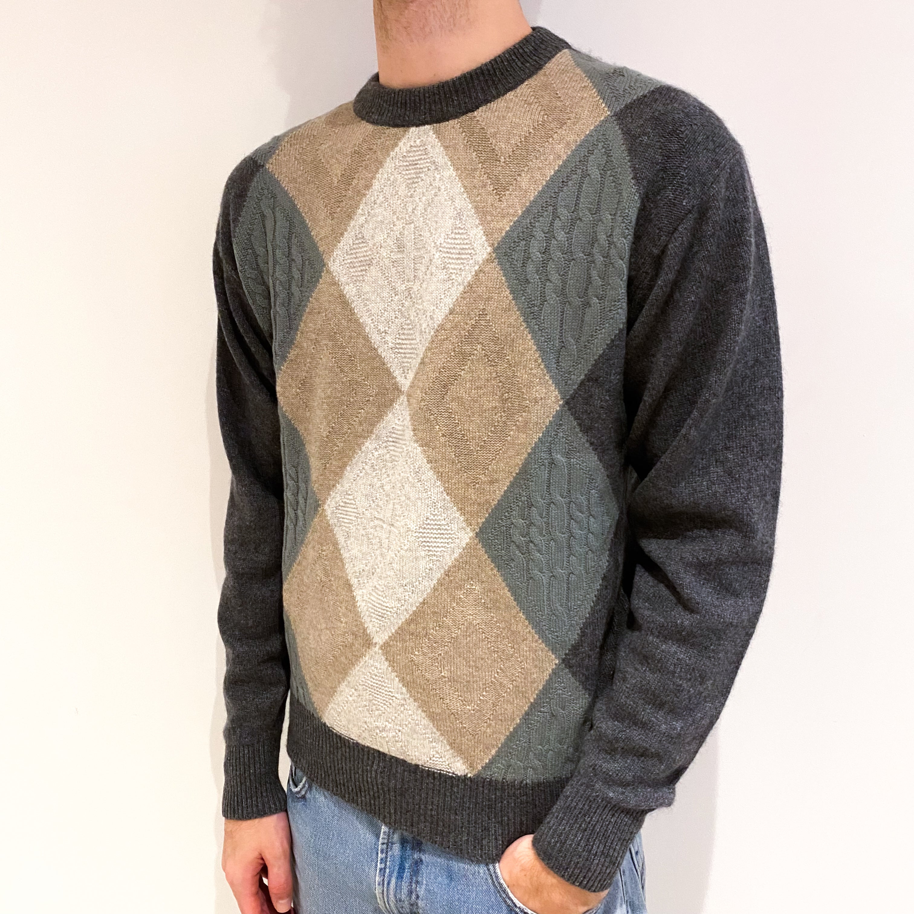 Men's Ash Grey With Textured Diamond Design Cashmere Crew Neck Jumper Medium
