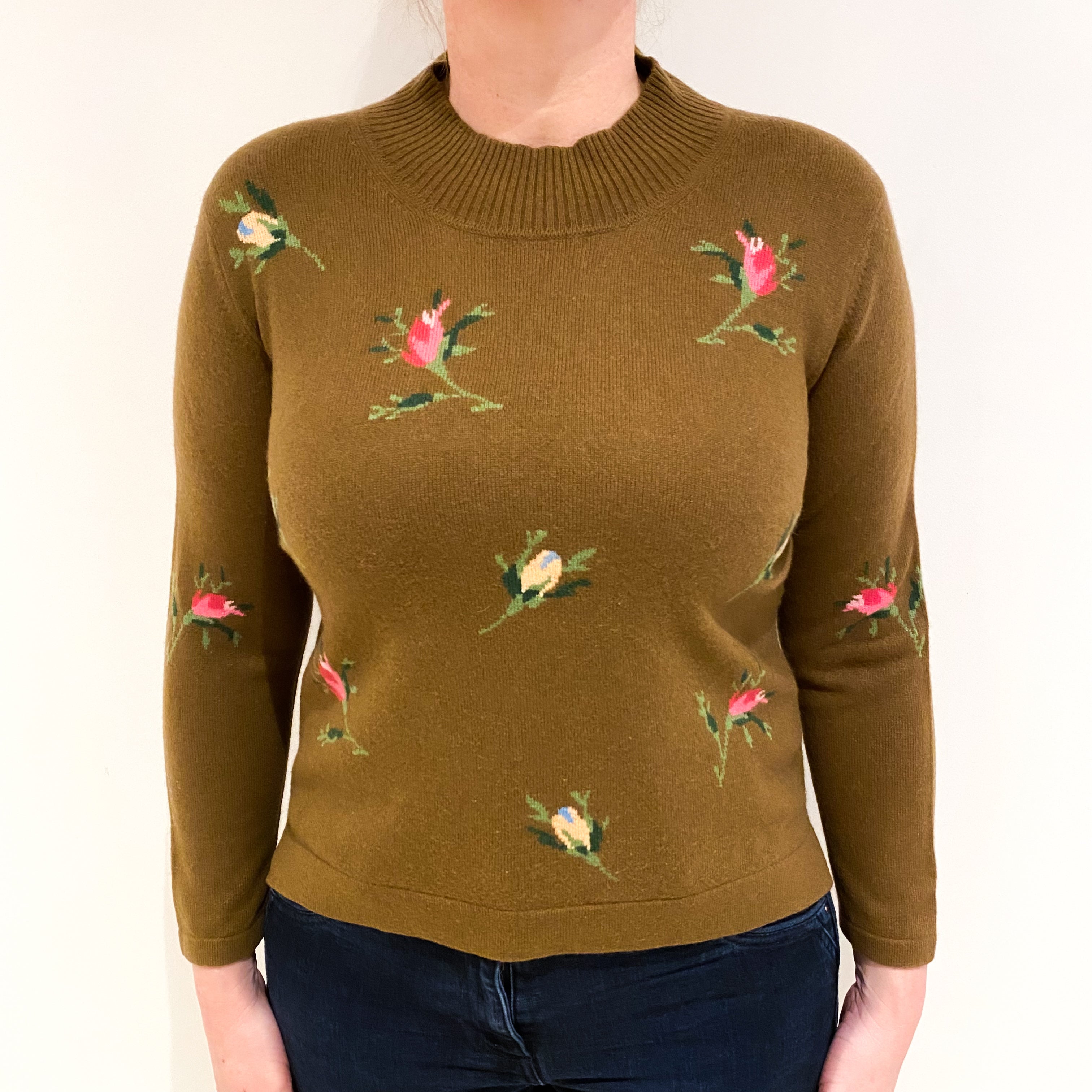Chestnut Brown Floral Design Cashmere Turtle Neck Jumper Large