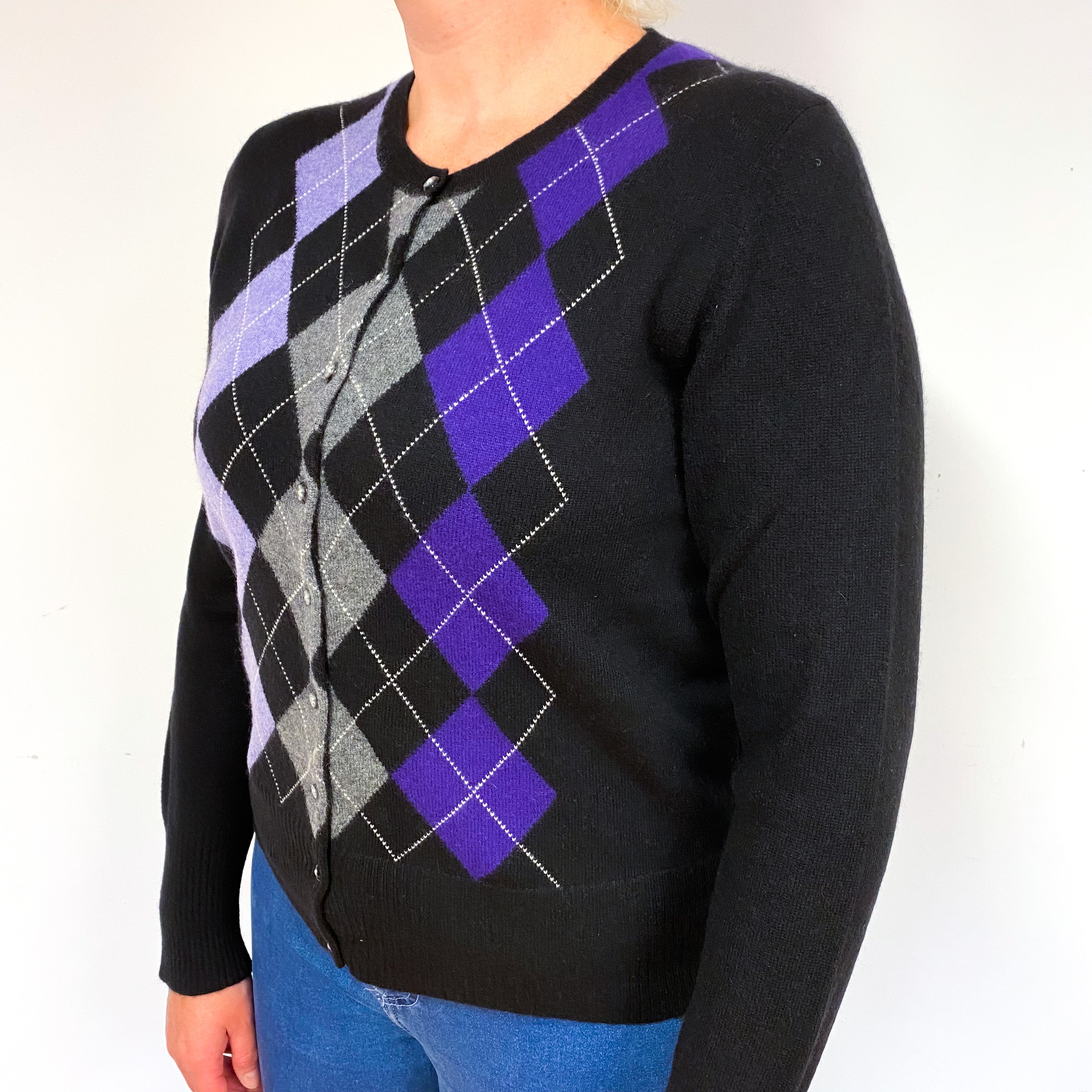 Black Purple Argyle Cashmere Crew Neck Cardigan Large