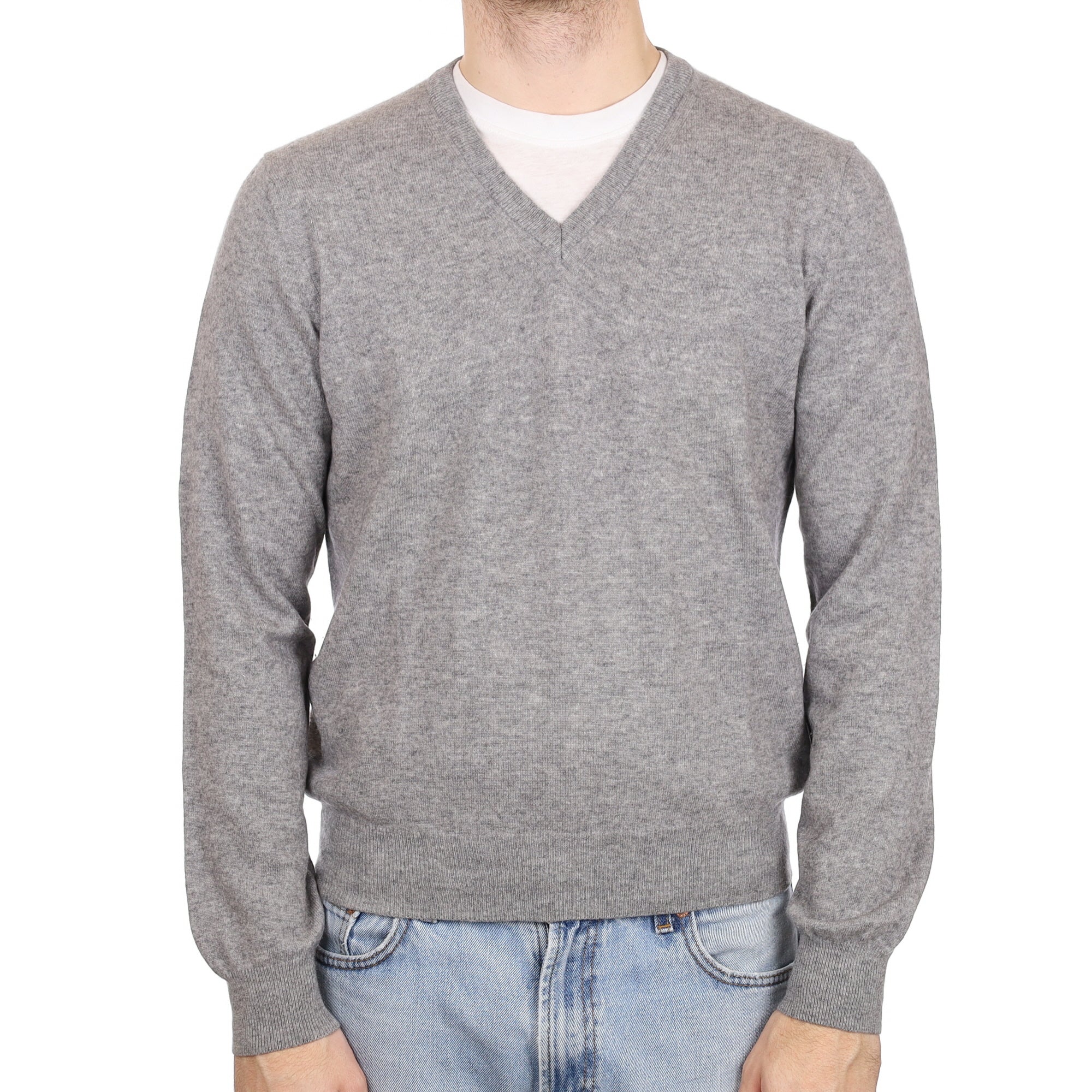 Men's Ash Grey Cashmere V Neck Jumper Large