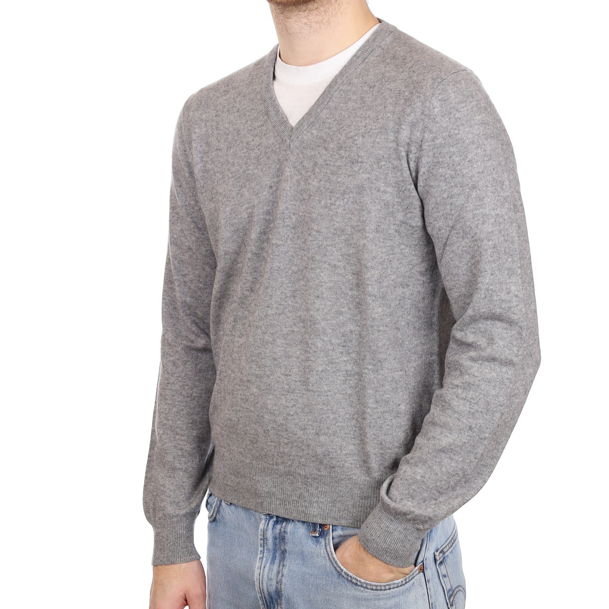 Men's Ash Grey Cashmere V Neck Jumper Large