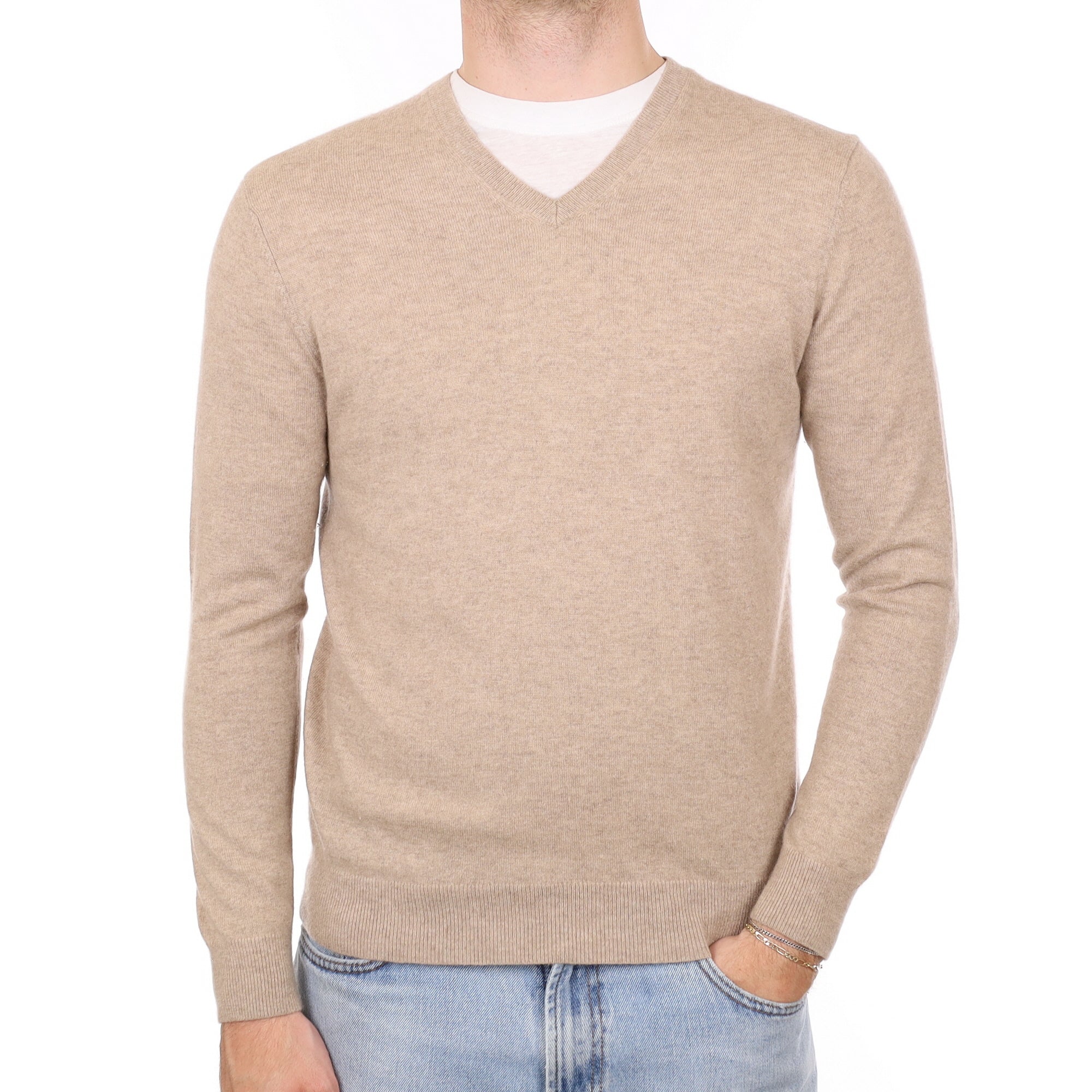 Men's Fawn Beige Cashmere V Neck Jumper Medium