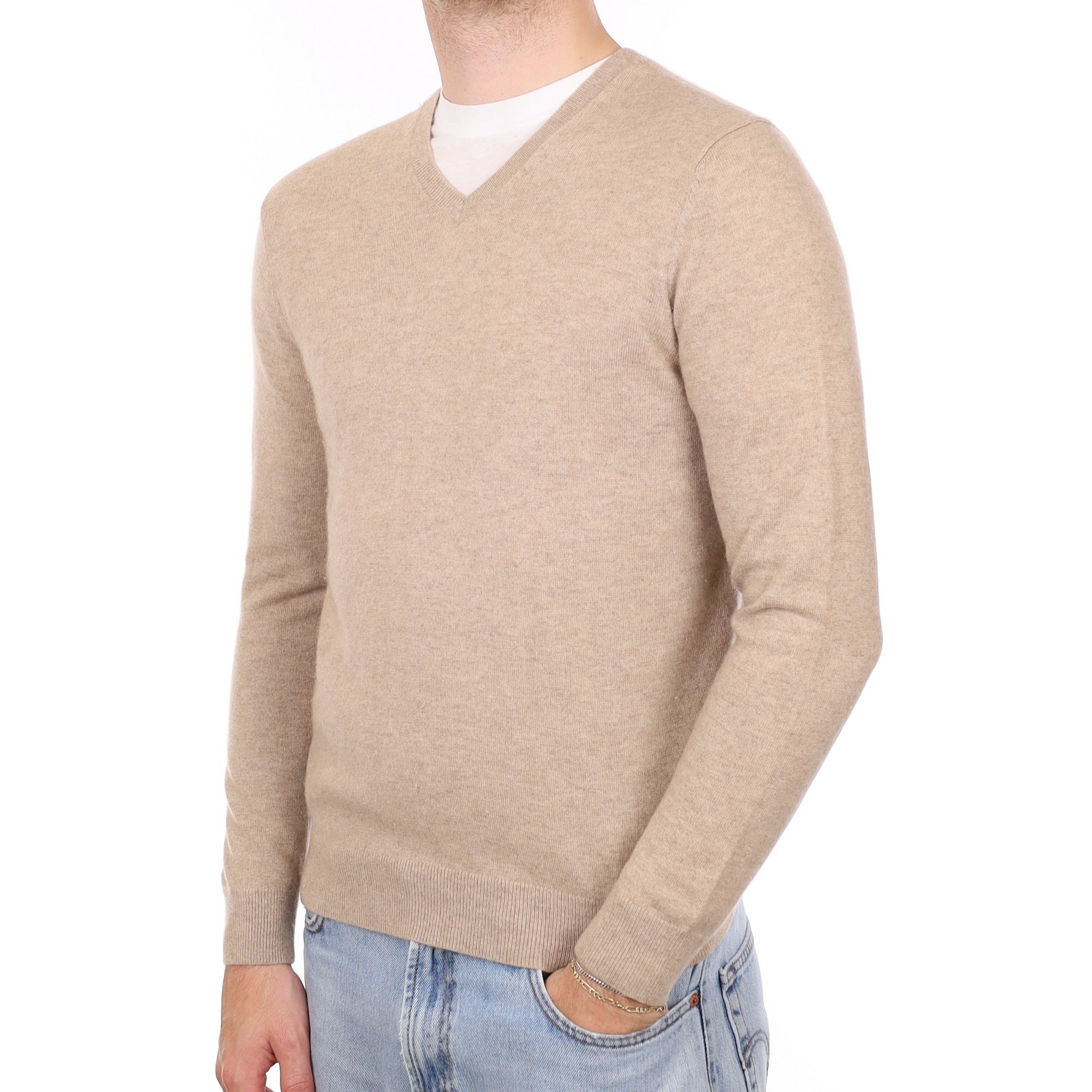 Men's Fawn Beige Cashmere V Neck Jumper Medium